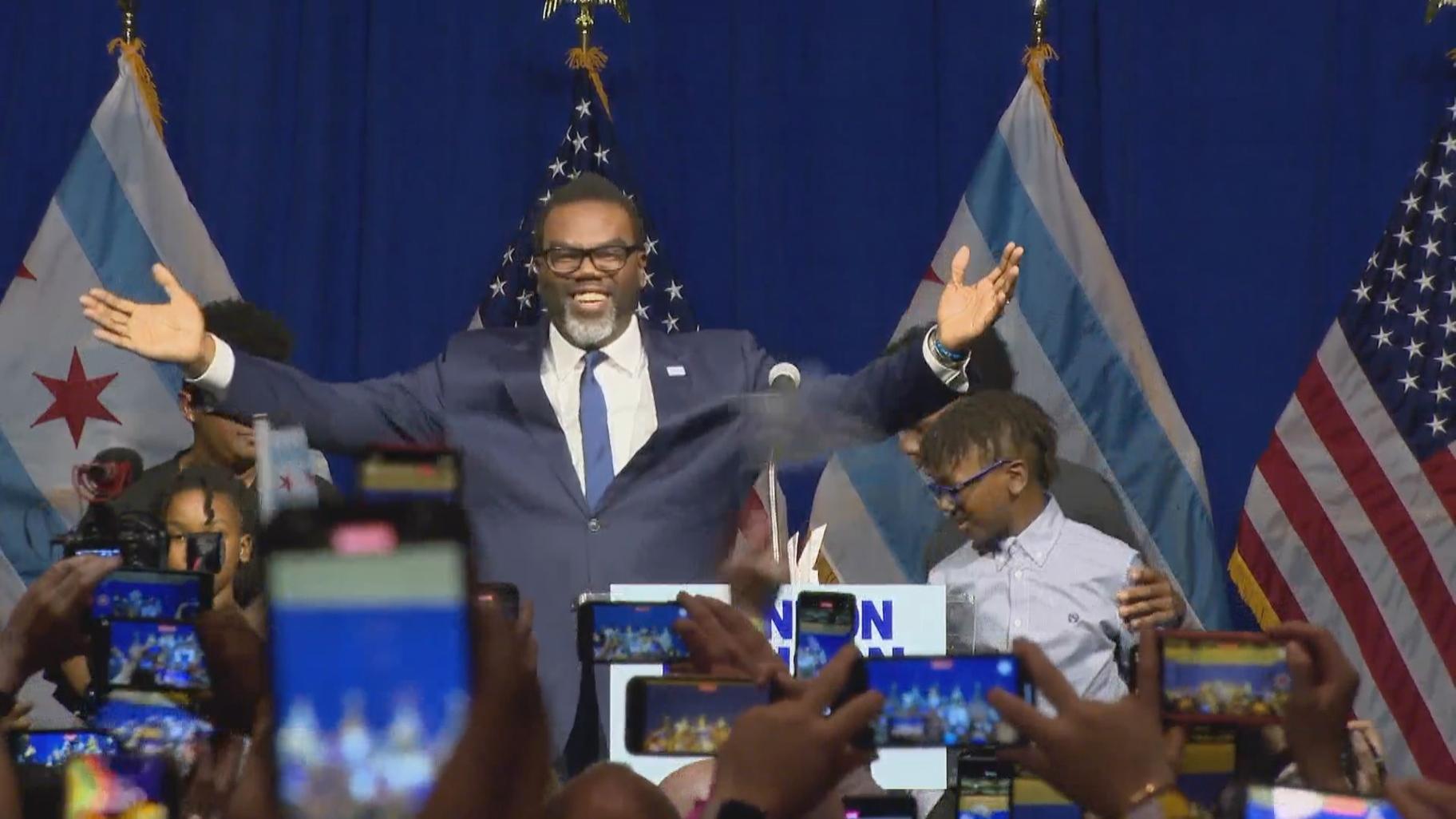 Brandon Johnson celebrates after winning the Chicago mayoral election on April 4, 2023. (WTTW News)