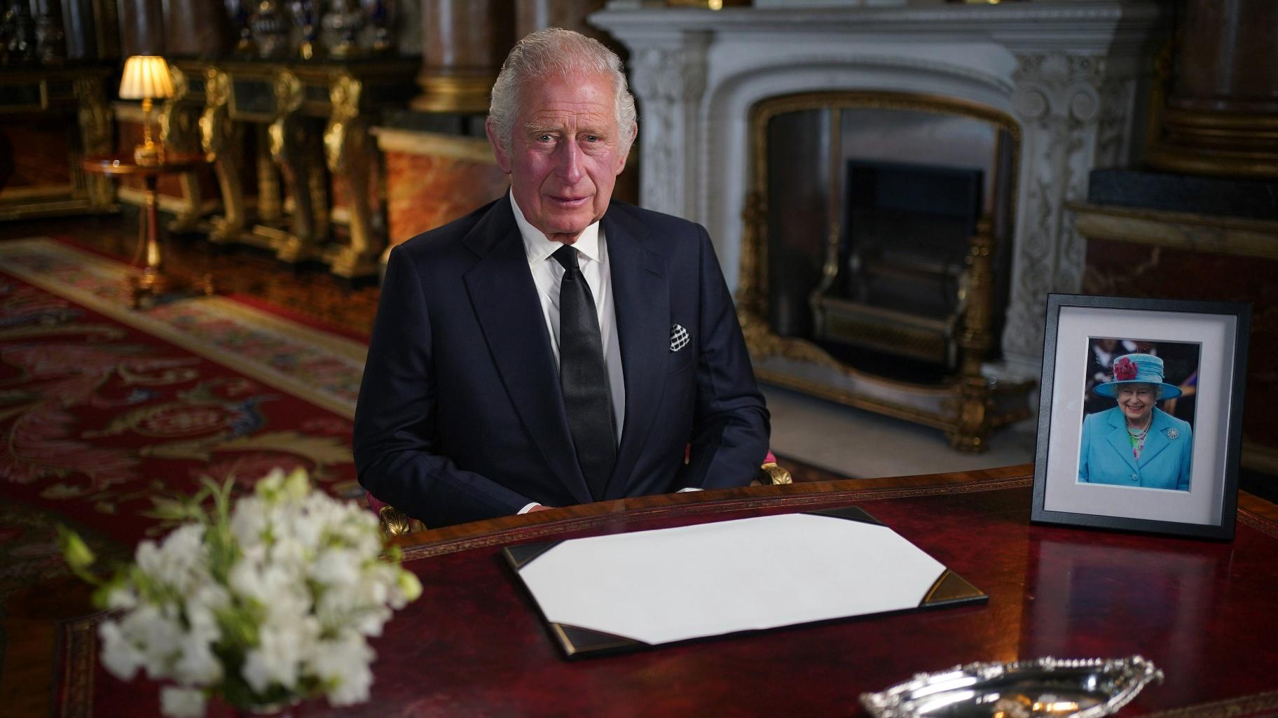 Britain’s King Charles III delivers his address to the nation and the Commonwealth from Buckingham Palace, London, Friday, Sept. 9, 2022, following the death of Queen Elizabeth II on Thursday. (Yui Mok / Pool Photo via AP)