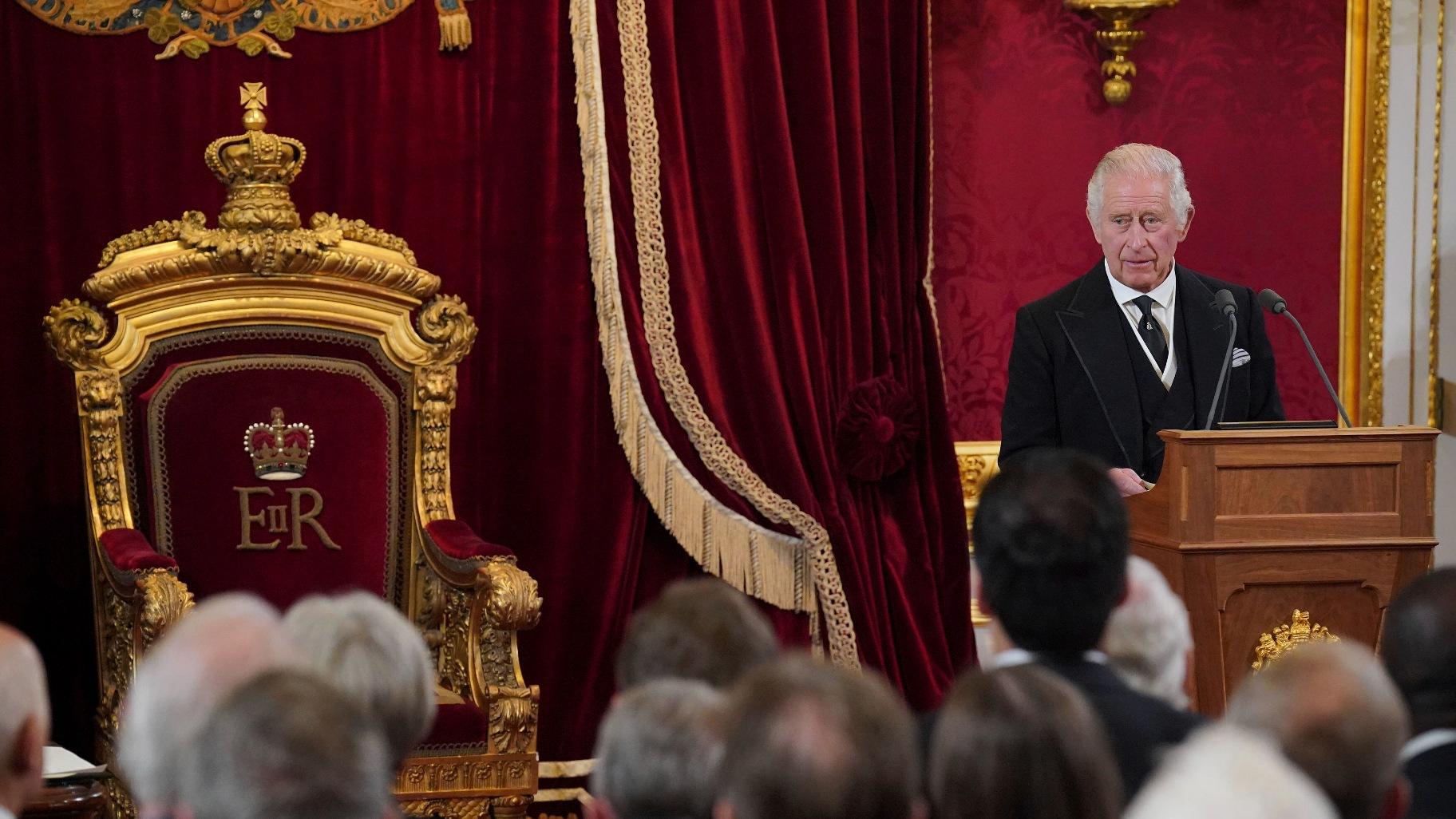 King Charles III during the Accession Council at St James's Palace, London, Saturday, Sept. 10, 2022, where he is formally proclaimed monarch. (Jonathan Brady / Pool Photo via AP)