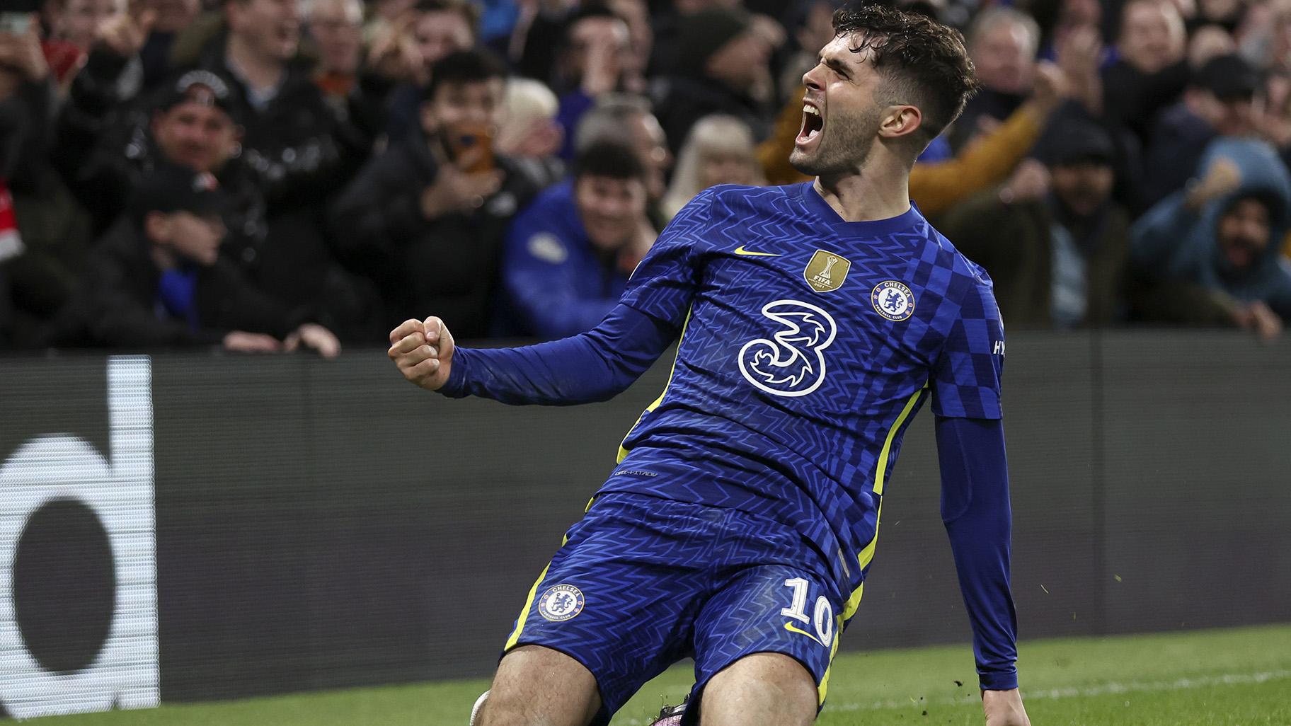 Chelsea’s Christian Pulisic celebrates after scoring his side’s second goal during the Champions League round of 16, first leg, soccer match between Chelsea and LOSC Lille at Stamford Bridge stadium in London, Tuesday, Feb. 22, 2022. (AP Photo / Ian Walton)