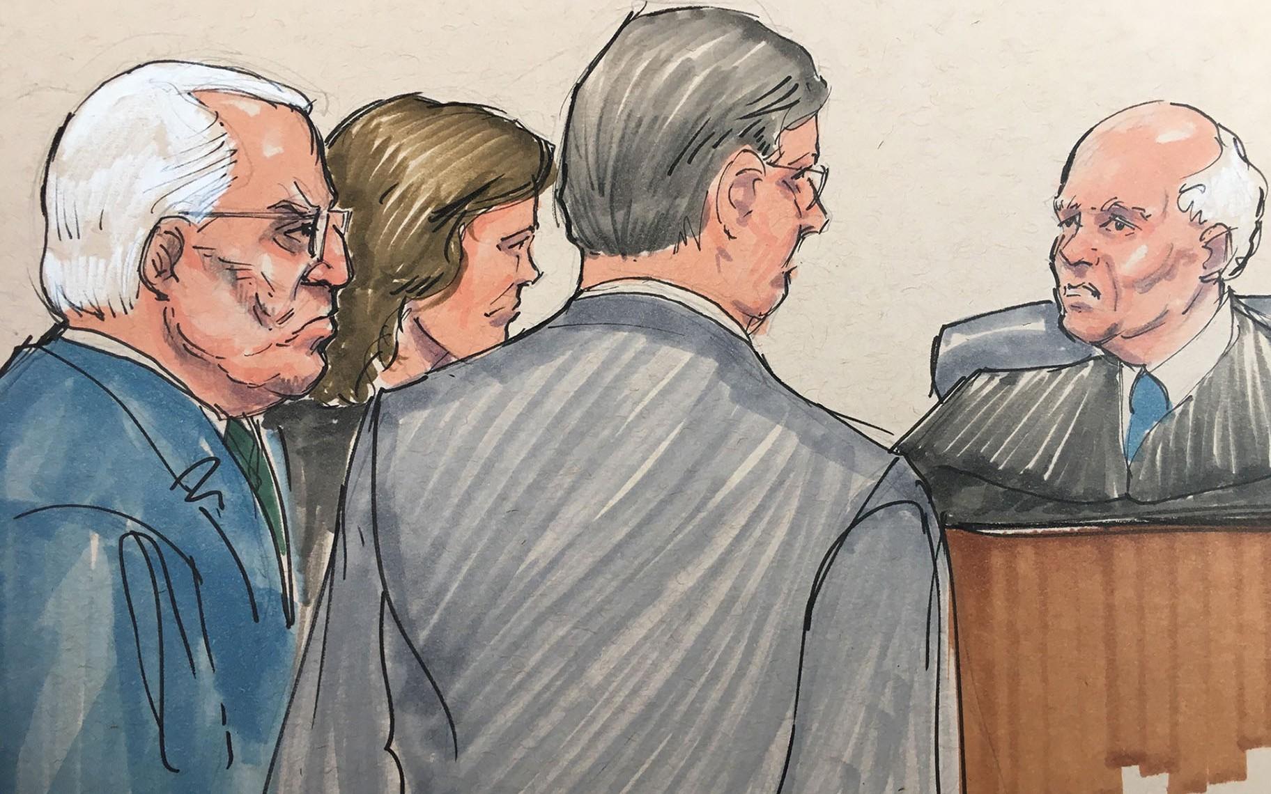 In this courtroom sketch, Ald. Ed Burke, left, appears before U.S. Federal Magistrate Judge Jeffrey Cole with his attorneys on Tuesday, June 4, 2019. (Credit: Tom Gianni)