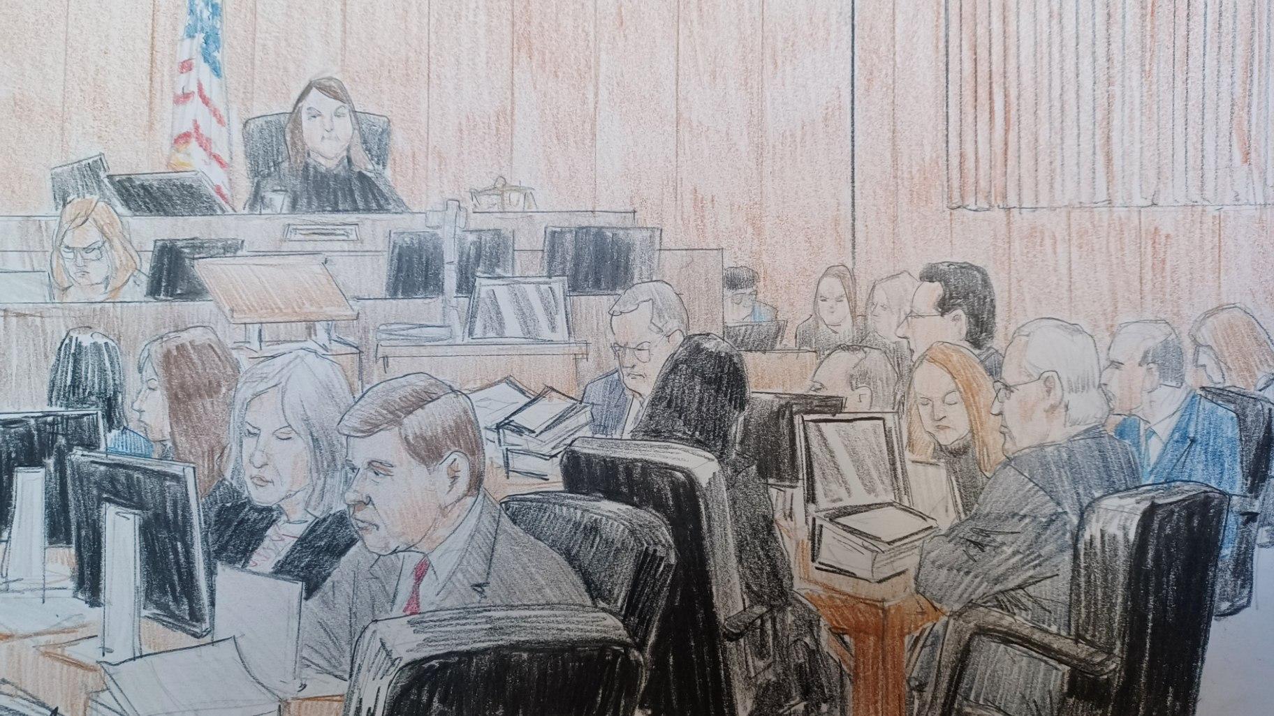 Lawyers and defendants in the Ed Burke trial appear before Judge Virgina Kendall on Nov. 30, 2023. (WTTW News)