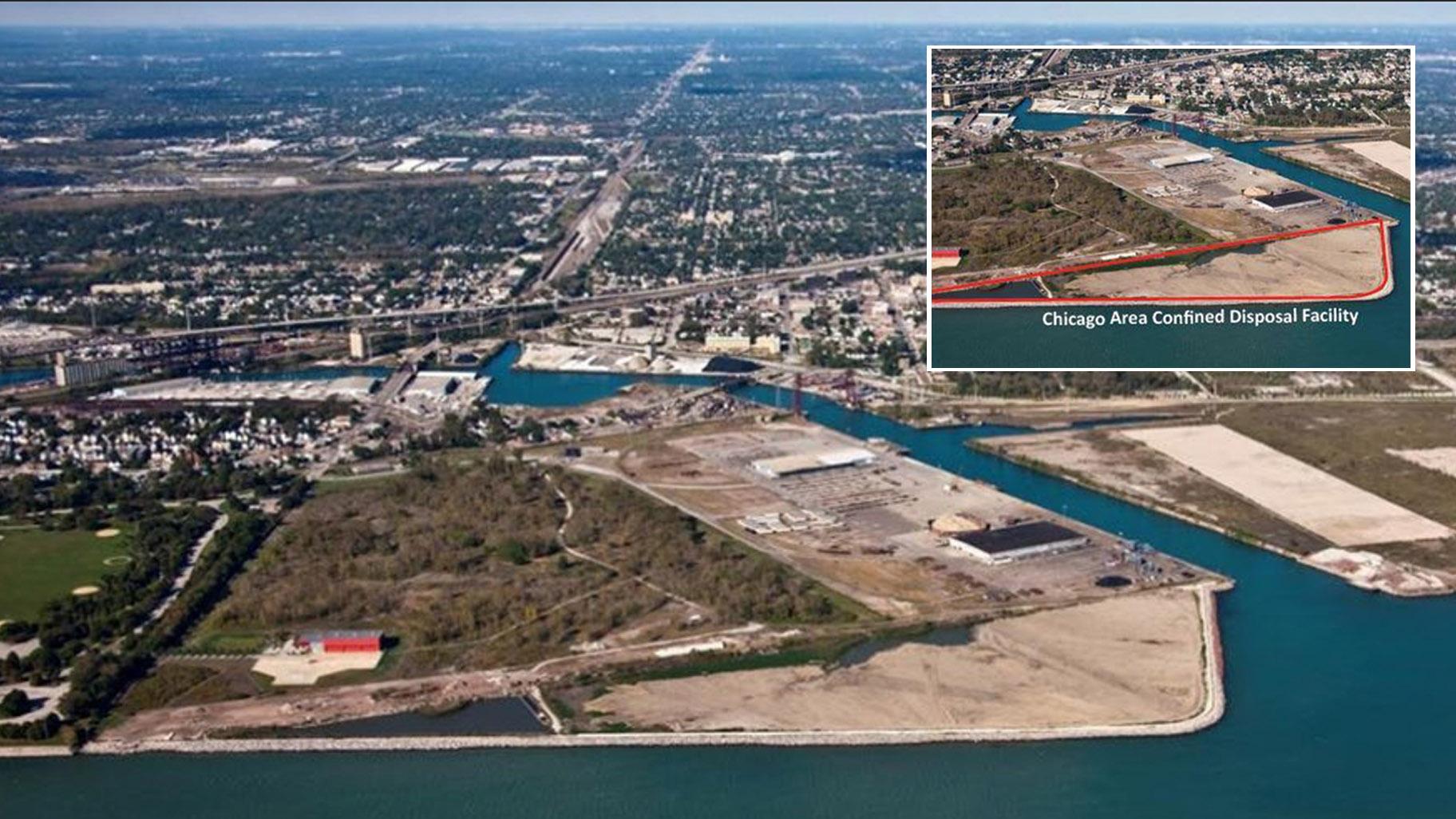 An aerial view of the Chicago Area Confined Disposal Facility, a 45-acre site on Chicago’s Southeast Side that has been in operation since 1984. Inset: The CDF is outlined in red. (Credit: Army Corps of Engineers)
