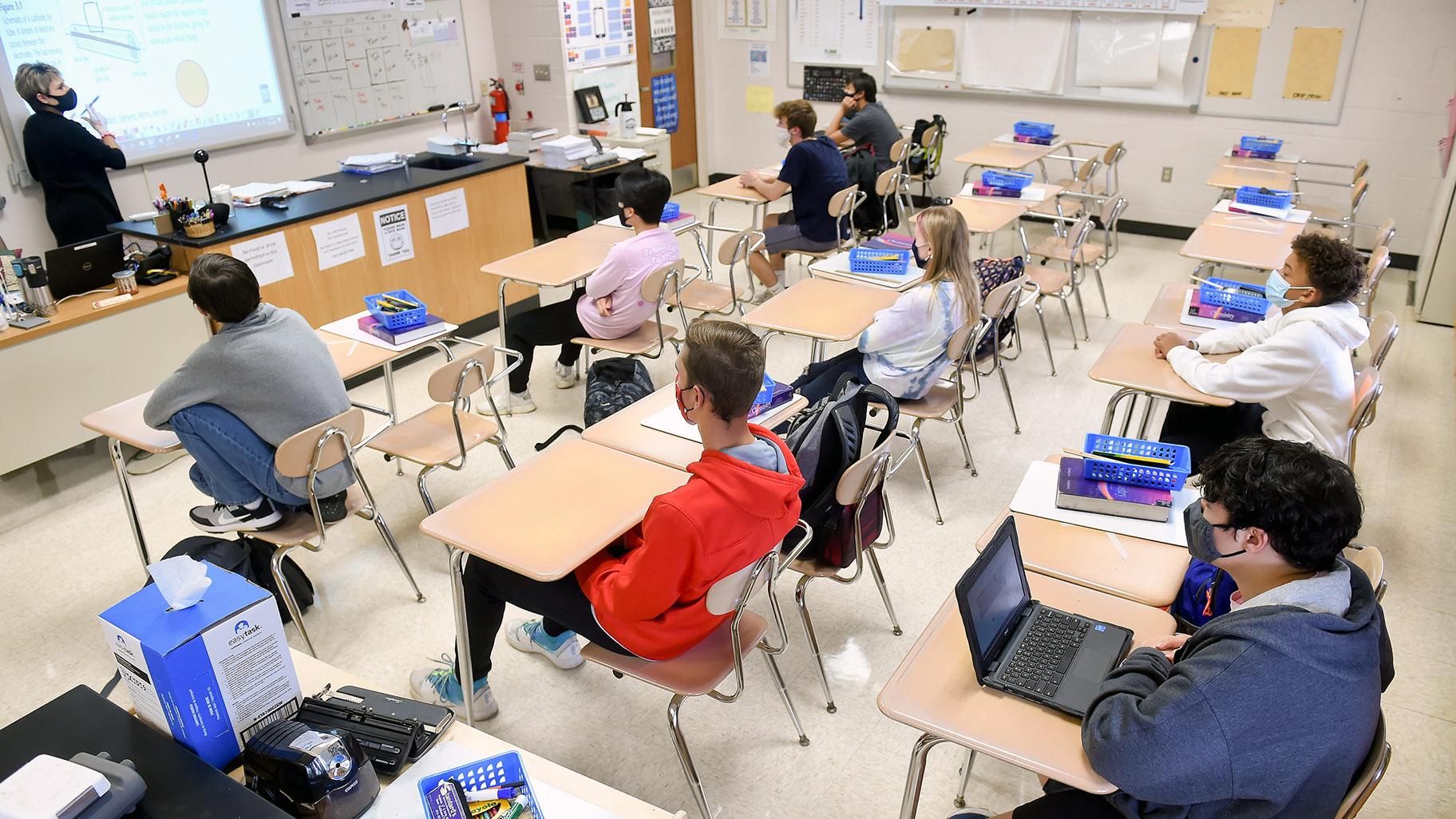 Desks in the classroom are doubled to provide extra spacing at Wilson High School in West Lawn, Pennsylvania, on October 22, 2020. (Ben Hasty / Getty Images)
