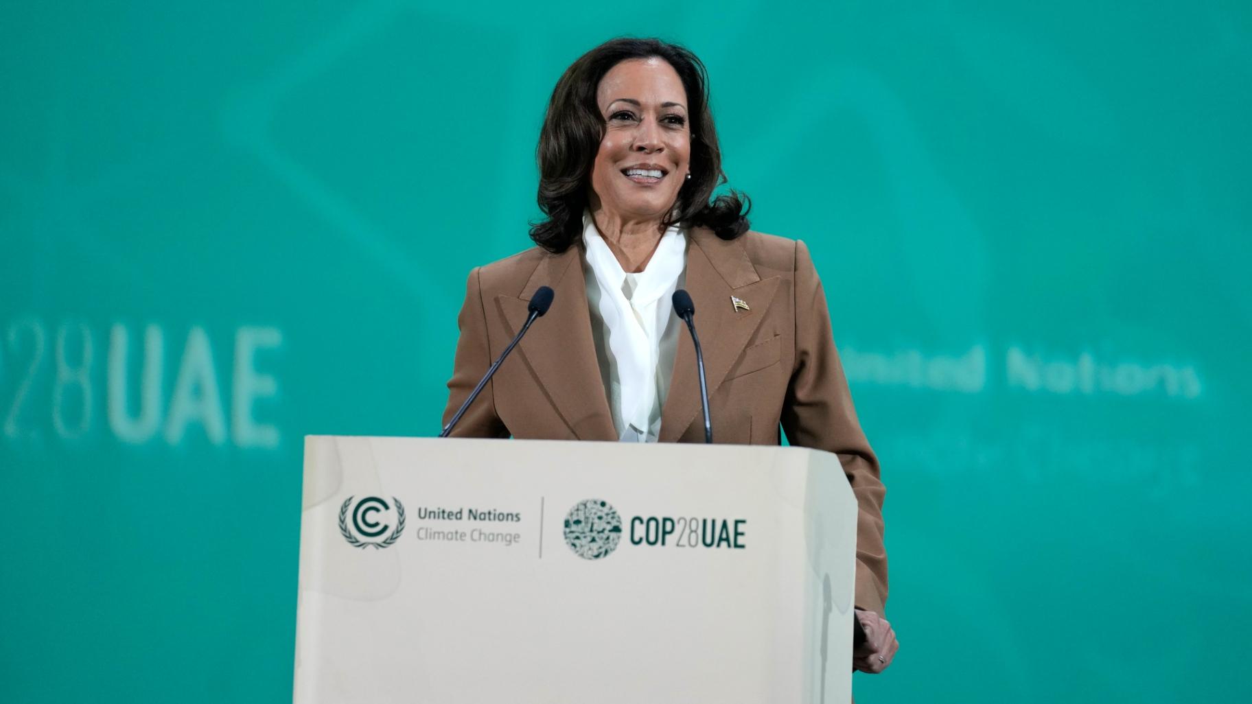 Vice President Kamala Harris speaks at the COP28 U.N. Climate Summit, Saturday, Dec. 2, 2023, in Dubai, United Arab Emirates. (Kamran Jebreili / AP Photo)