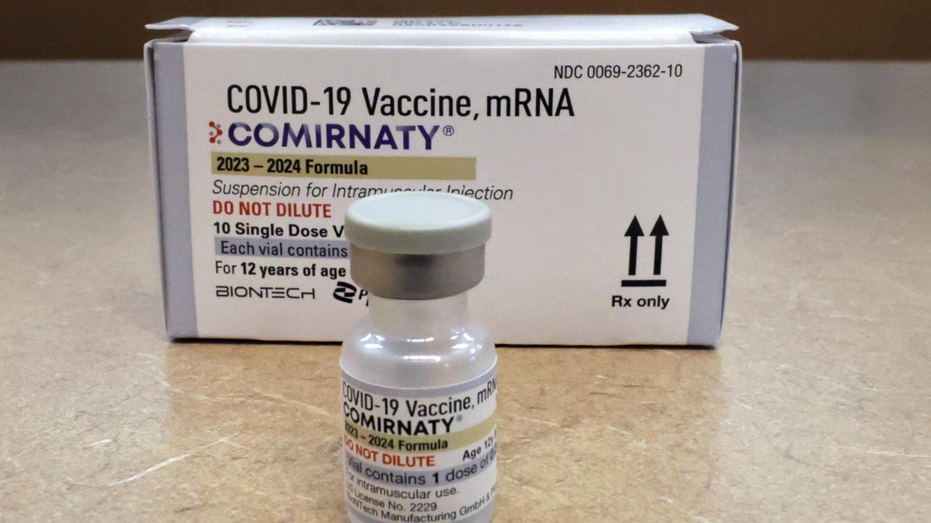 FILE - Comirnaty, a new Pfizer/BioNTech vaccination booster for COVID-19, is displayed at a pharmacy in Orlando, Fla., on Friday, Sept. 15, 2023. (Joe Burbank / Orlando Sentinel via AP)