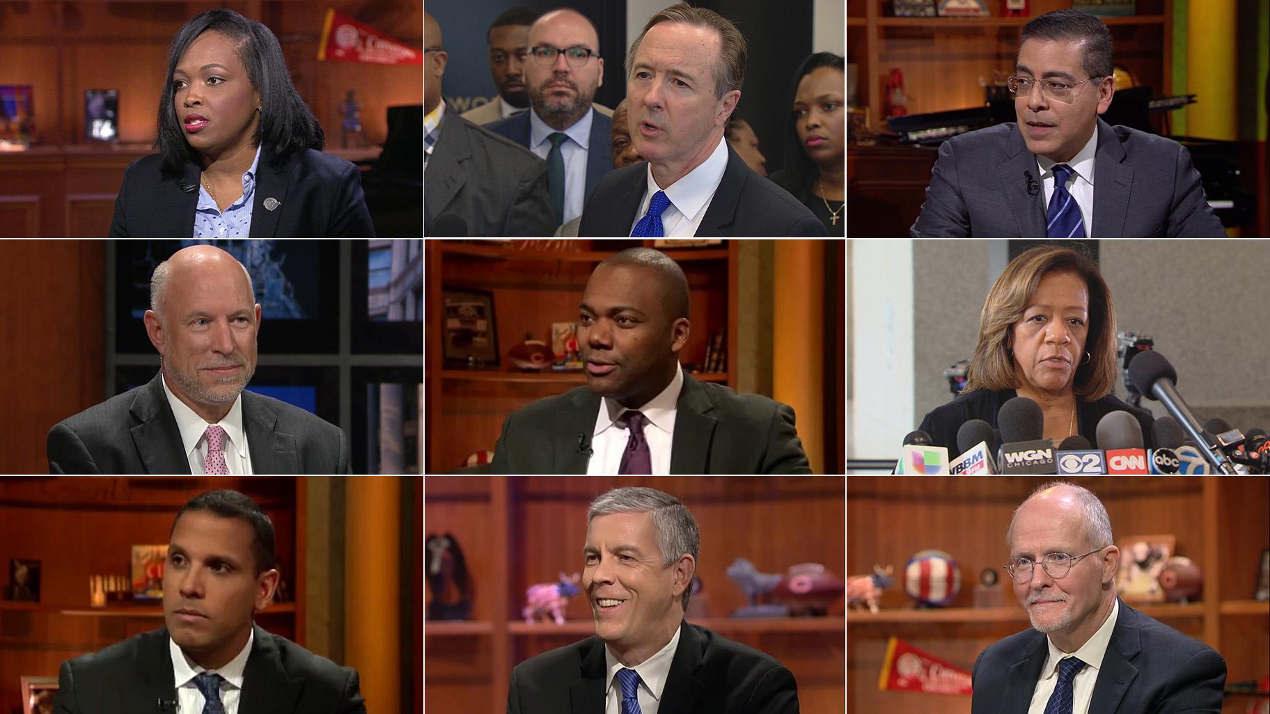 A photo collage shows eight CEOs and two interim CEOs of Chicago Public Schools. Top row, from left: Janice Jackson, Forrest Claypool, Jesse Ruiz. Middle row, from left: Terry Mazany, Jean-Claude Brizard, Barbara Byrd-Bennett. Bottom row, from left: Ron Huberman, Arne Duncan, Paul Vallas. (WTTW News)