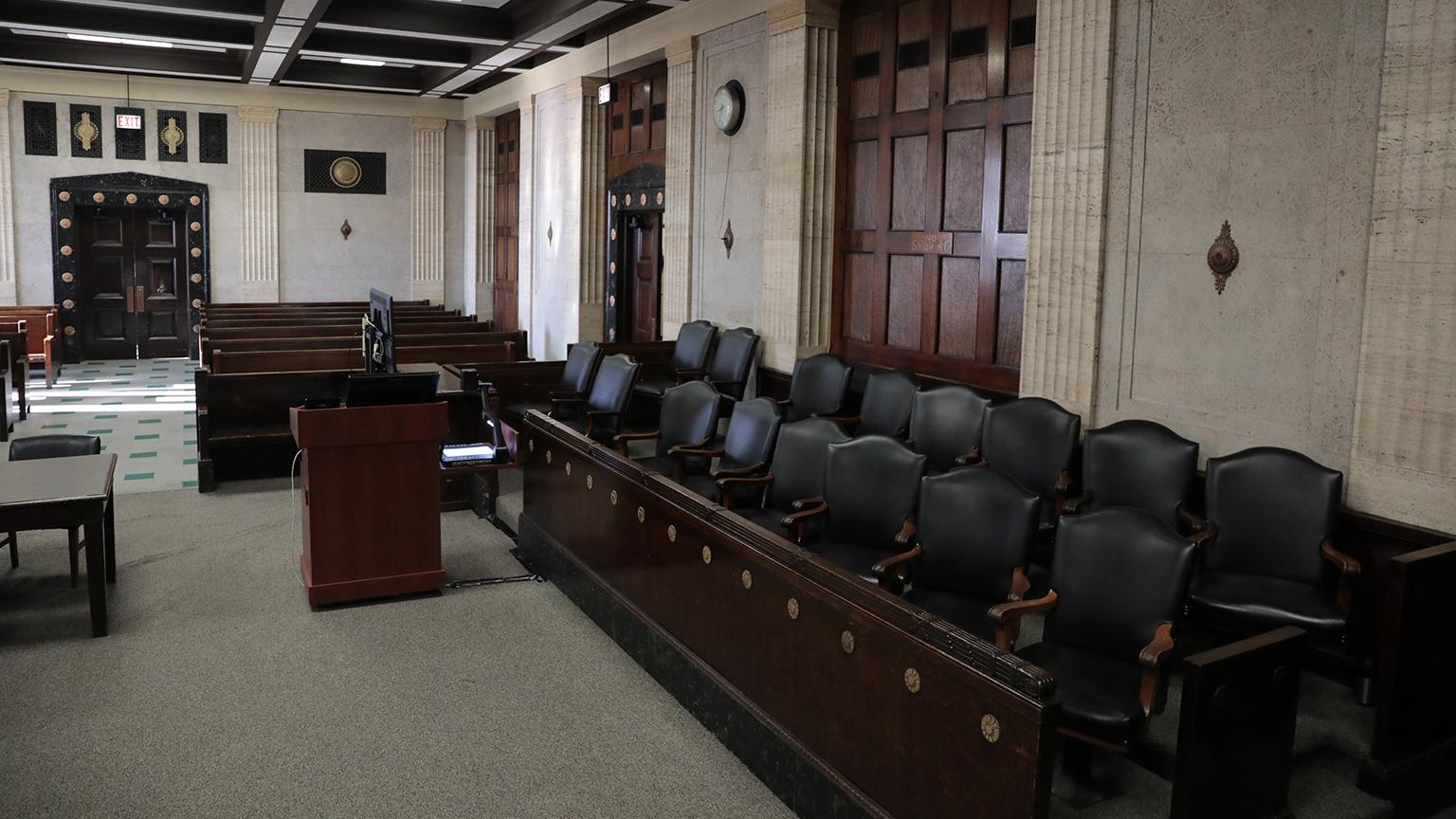 Empty jury box area readied for members of the jury in the courtroom of Judge Vincent Gaughan at the Leighton Criminal Court Building on Tuesday, Sept. 4, 2018. (Antonio Perez / Pool / Chicago Tribune)