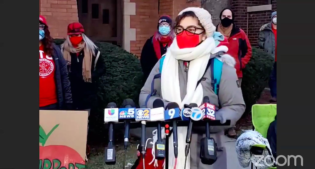 Teacher Diane Castro speaks outside the home of Board of Education President Miguel del Valle on Jan. 13, 2021. (Chicago Teachers Union / Facebook)