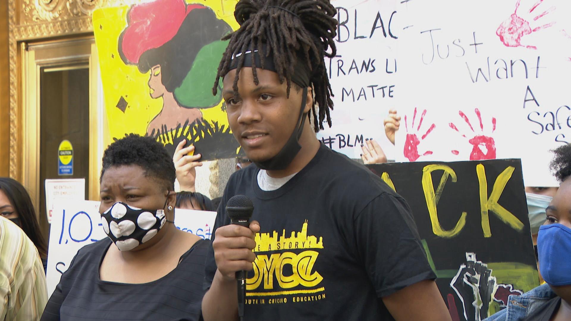 Caleb Reed, a student at Mather High School on the city’s North Side, speaks about his experiences with school resources officers at an event Tuesday, June 16, 2020. (WTTW News)