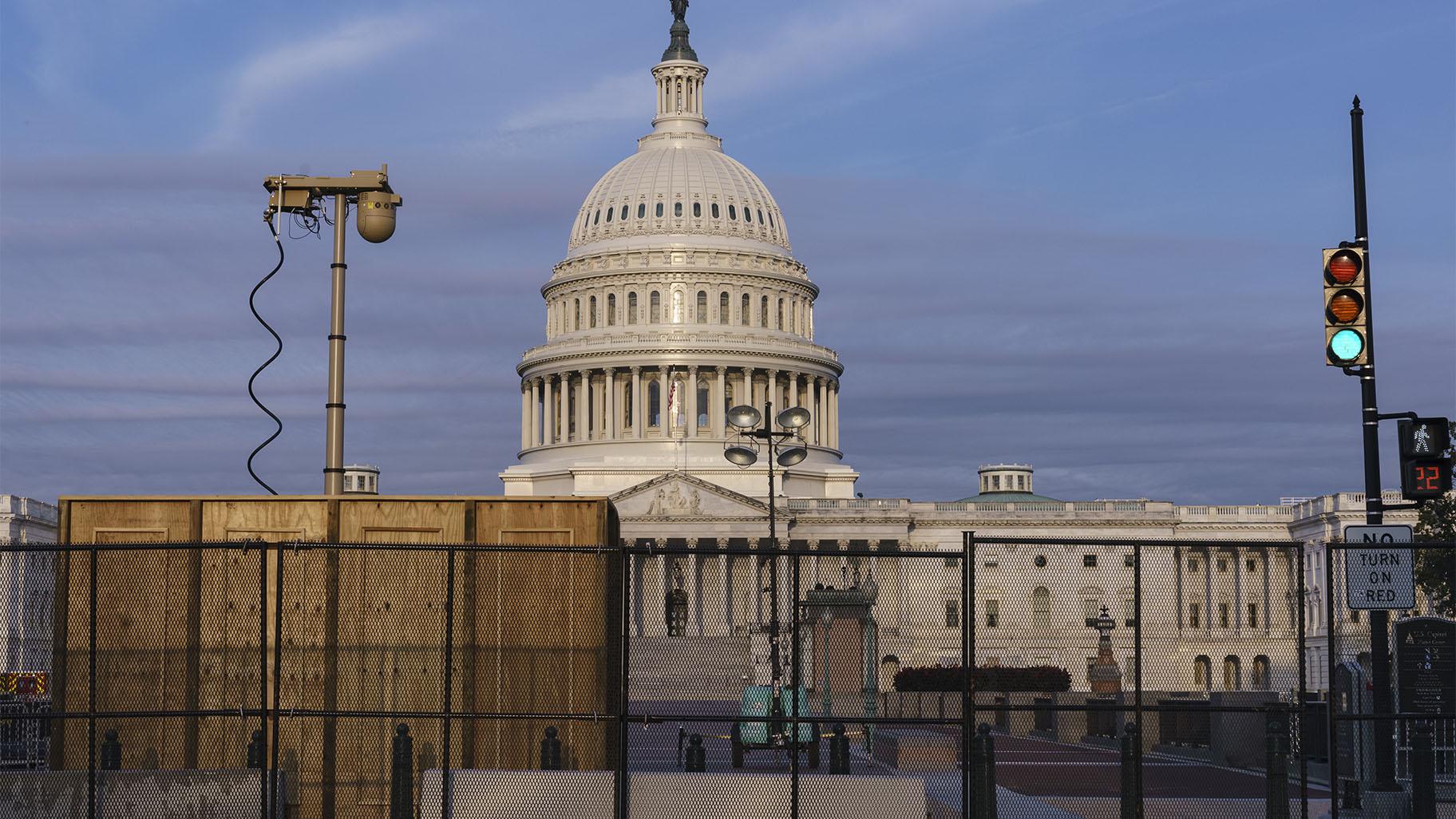 Security fencing and video surveillance equipment has been installed around the Capitol in Washington, Thursday, Sept. 16, 2021, ahead of a planned Sept. 18 rally by far-right supporters of former President Donald Trump who are demanding the release of rioters arrested in connection with the 6 January insurrection. (AP Photo / J. Scott Applewhite)