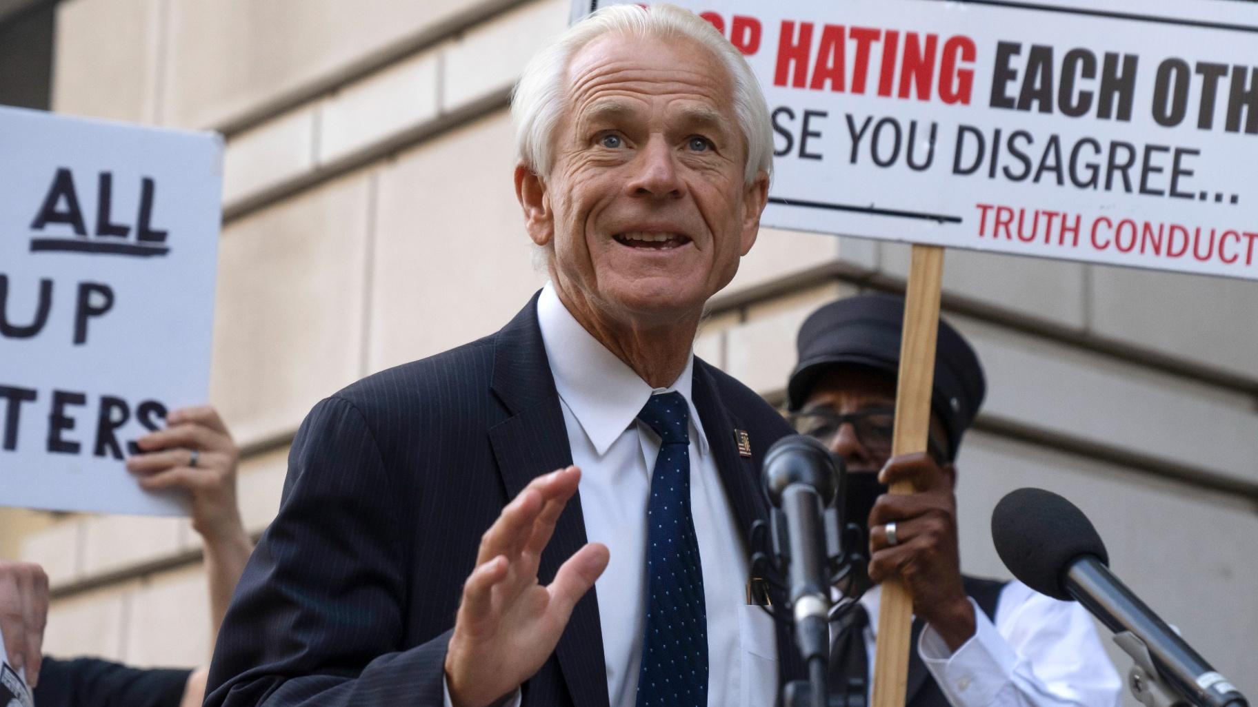 FILE - Former White House trade adviser Peter Navarro speaks to the media as he departs federal court, Tuesday, Sept. 5, 2023, in Washington. (Mark Schiefelbein / AP Photo, File)
