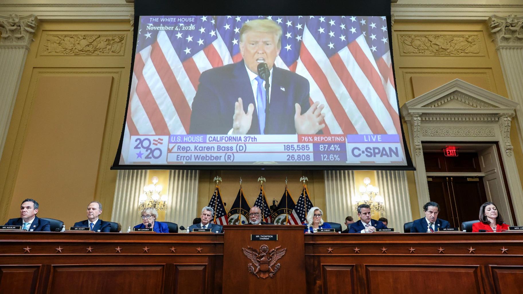 A video of then-President Donald Trump speaking is displayed as the House select committee investigating the Jan. 6 attack on the U.S. Capitol holds a hearing on Capitol Hill in Washington, Thursday, Oct. 13, 2022. (Alex Wong / Pool Photo via AP)