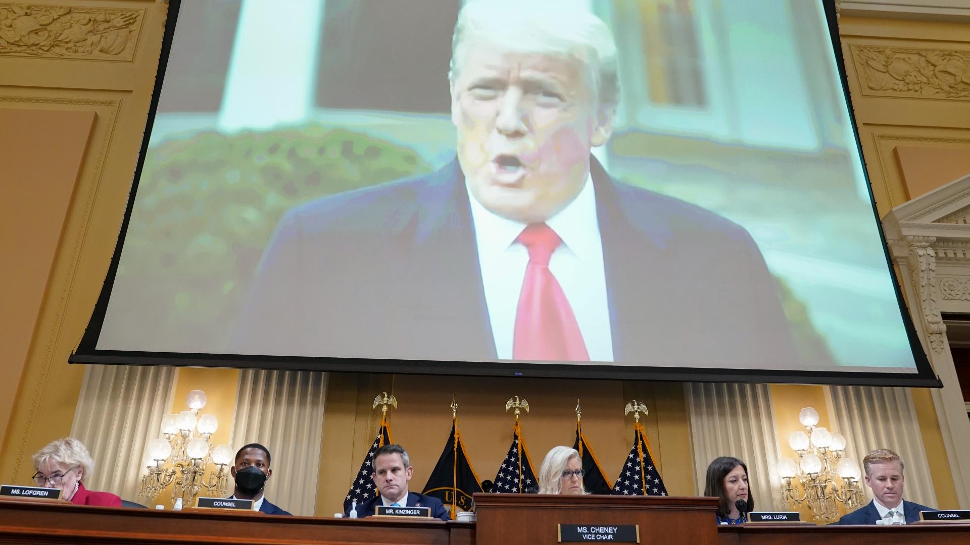A video of former President Donald Trump speaking on Jan. 6, 2021, plays as the House select committee investigating the Jan. 6 attack on the U.S. Capitol holds a hearing at the Capitol in Washington, July 21, 2022. (AP Photo / Patrick Semansky, File)
