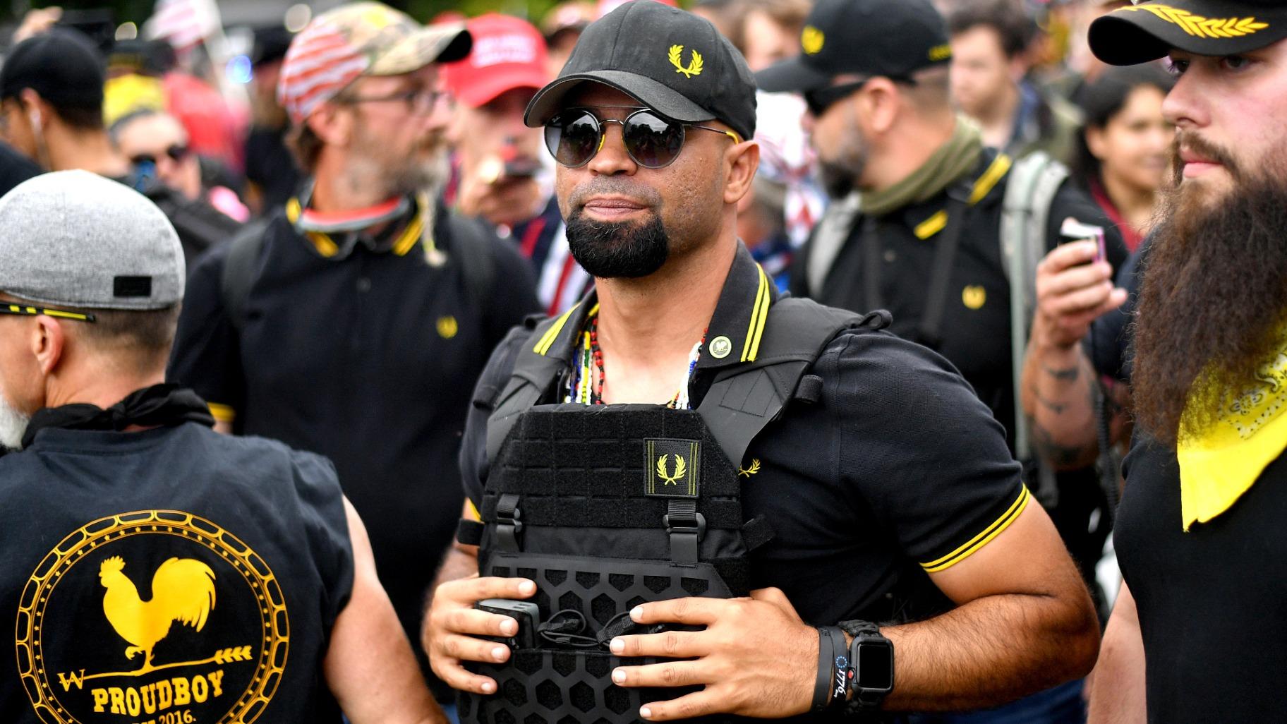 FILE - Proud Boys chairman Enrique Tarrio rallies in Portland, Ore., on Aug. 17, 2019. (AP Photo / Noah Berger, File)