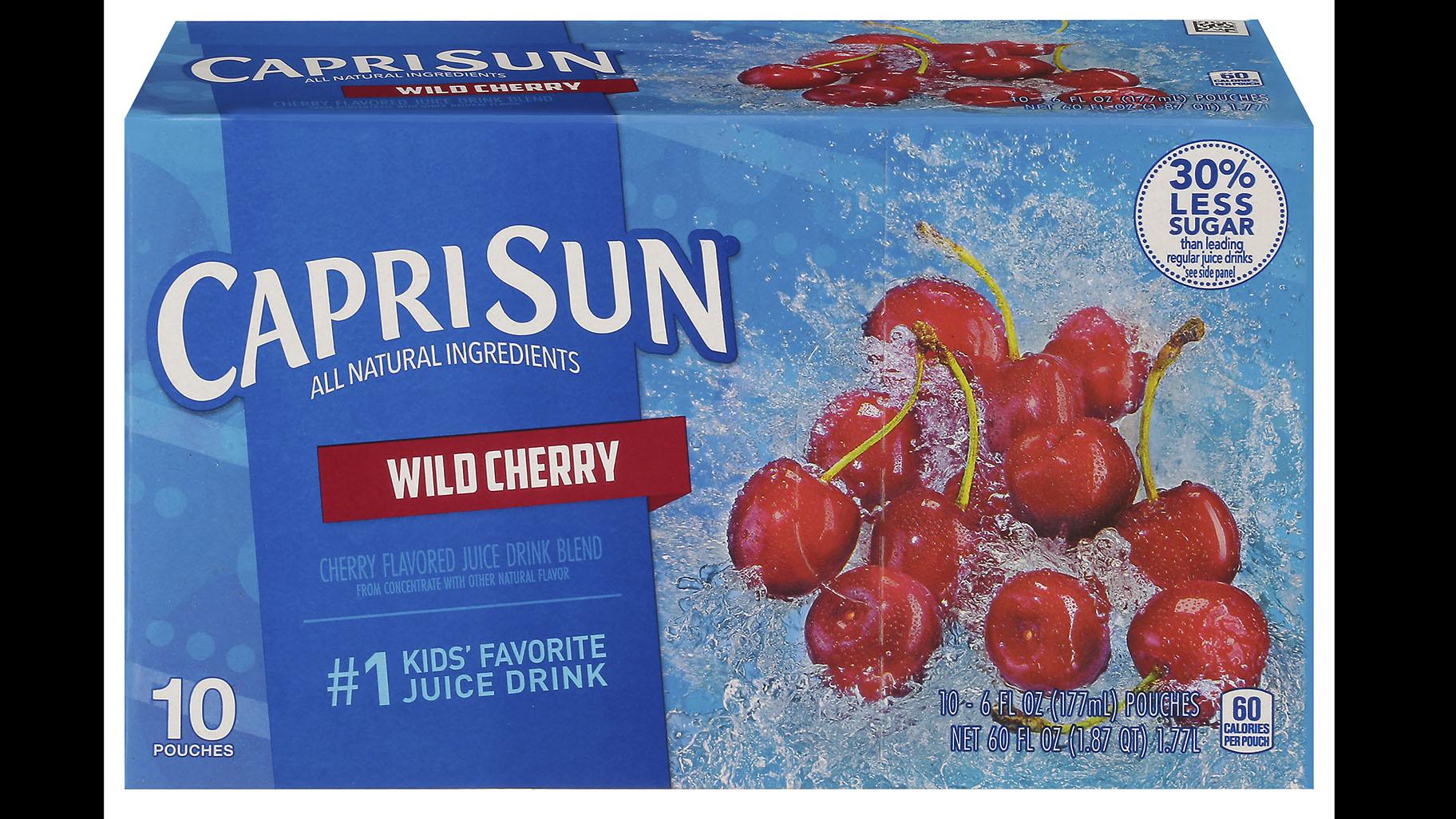 This photo provided by Kraft Heinz shows the packaging of Wild Cherry flavor Capri Sun. The company said it is recalling about 5,760 cases of Capri Sun Wild Cherry flavored juice blend. The “Best When Used By” date on the packages is June 25, 2023. (Kraft Heinz via AP)