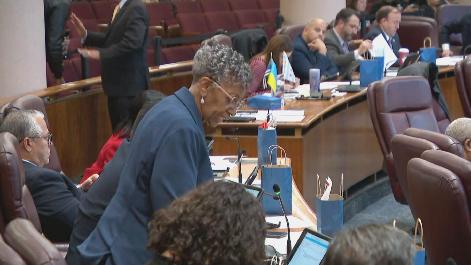 Ald. Carrie Austin (34th Ward) stands to speak at the Dec. 14, 2022, Chicago City Council meeting. (WTTW News)
