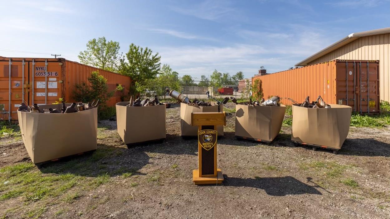 Some of the 600-plus catalytic converters investigators alleged they recovered from the home of a Worth Township man. (Cook County Sheriff’s Office)