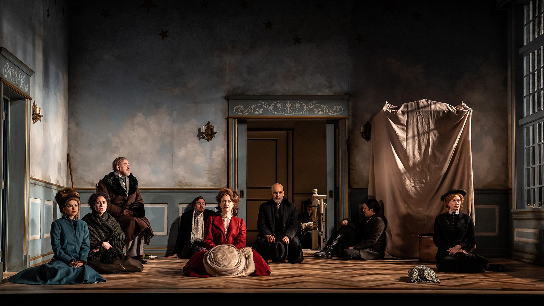  From left, Raven Whitley, Alejandra Escalante, Christopher Donahue, Felipe Carrasco,Kate Fry, Kareem Bandealy, Will Allan and Amanda Drinkall in Anton Chekhov’s “The Cherry Orchard” at Goodman Theatre. (Credit: Liz Lauren)