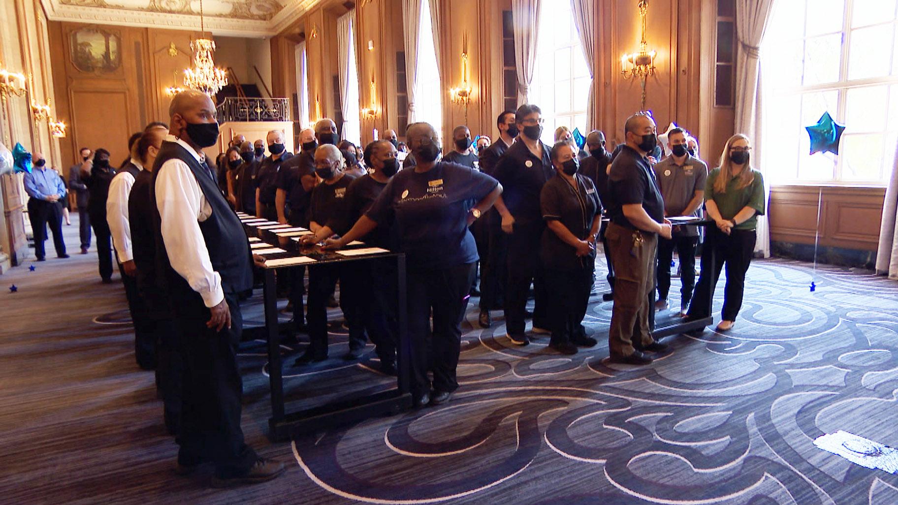 Nearly 200 previously furloughed staff members returned to the Chicago Hilton and Towers on Thursday, June 10, 2021, to prepare for the state’s full reopening Friday. (WTTW News)