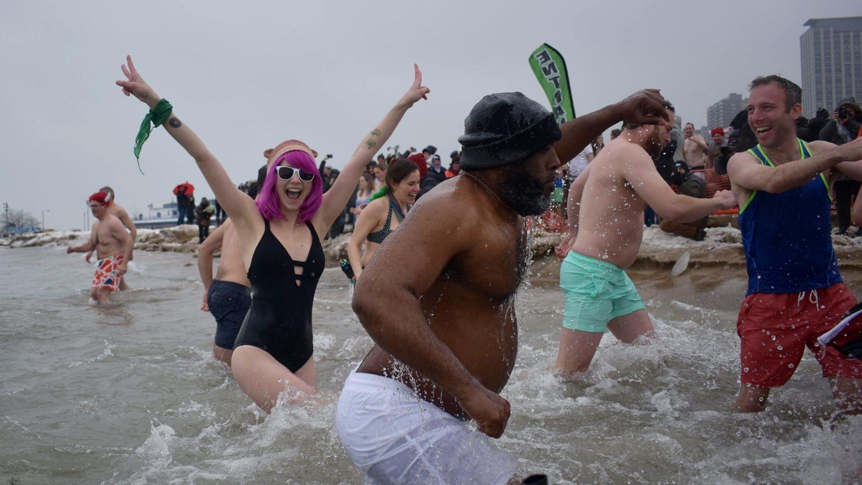 A scene from the 2020 Chicago Polar Bear Club’s plunge into Lake Michigan. This year’s “plunge where you are” will look different. (Courtesy of Chicago Polar Bear Club)