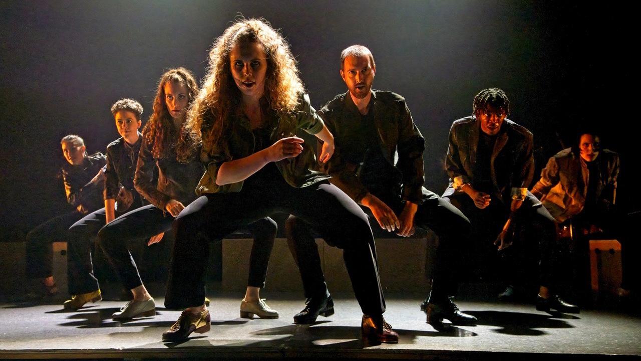 Heather Latakas, Molly Smith, Ali Calamoneri, Sara Anderson, Chris Large, Sterling Harris and Molly Eder of the Chicago Tap Theatre in “Allied, Unstoppable,” choreographed by Mark Yonally. (Credit: Paul Crisantii)