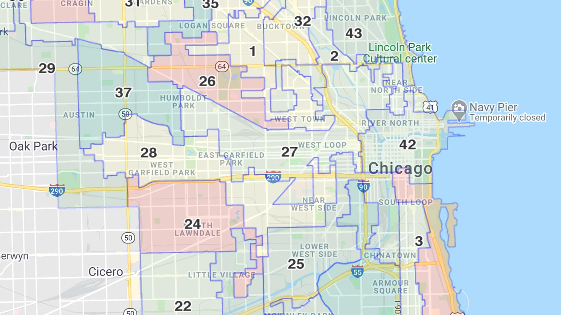 A new Chicago ward map will take effect in time for the 2023 municipal elections — assuming it is not blocked by a judge. (WTTW News via Google Maps)