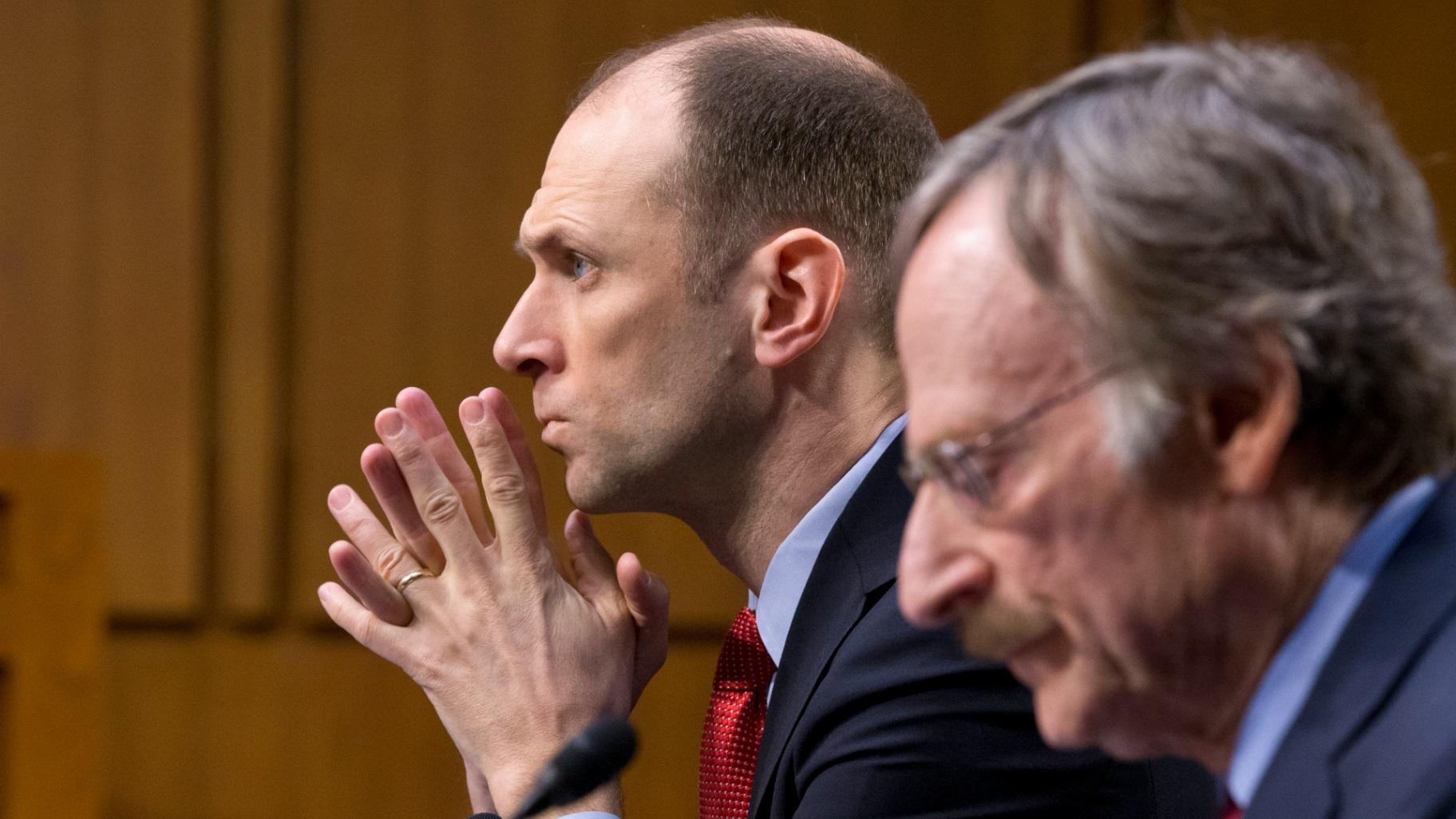 Then-Council of Economic Advisers Chairman under President Barack Obama, Austan Goolsbee, left, testifies on Capitol Hill in Washington on Feb. 28, 2013, before the Joint Economic Committee hearing on state of the U.S. economy. (AP Photo/J. Scott Applewhite, File)