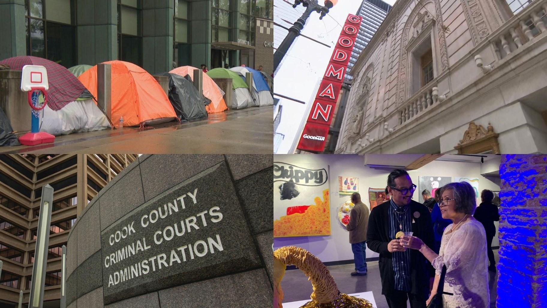 Top left: Migrants are sleeping in tents outside Chicago police stations. (WTTW News) Top right: Goodman Theater. (WTTW News) Bottom left: Leighton Criminal Courthouse in Chicago is pictured in a file photo. (Michael Izquierdo / WTTW News) Bottom right: Artist James Bulosan, left, and artist Tita Recometa-Brady, having a conversation at the “More than Lumpia” art exhibit on Oct. 6 at the Epiphany Center for the Arts. (Eunice Alpasan / WTTW News)