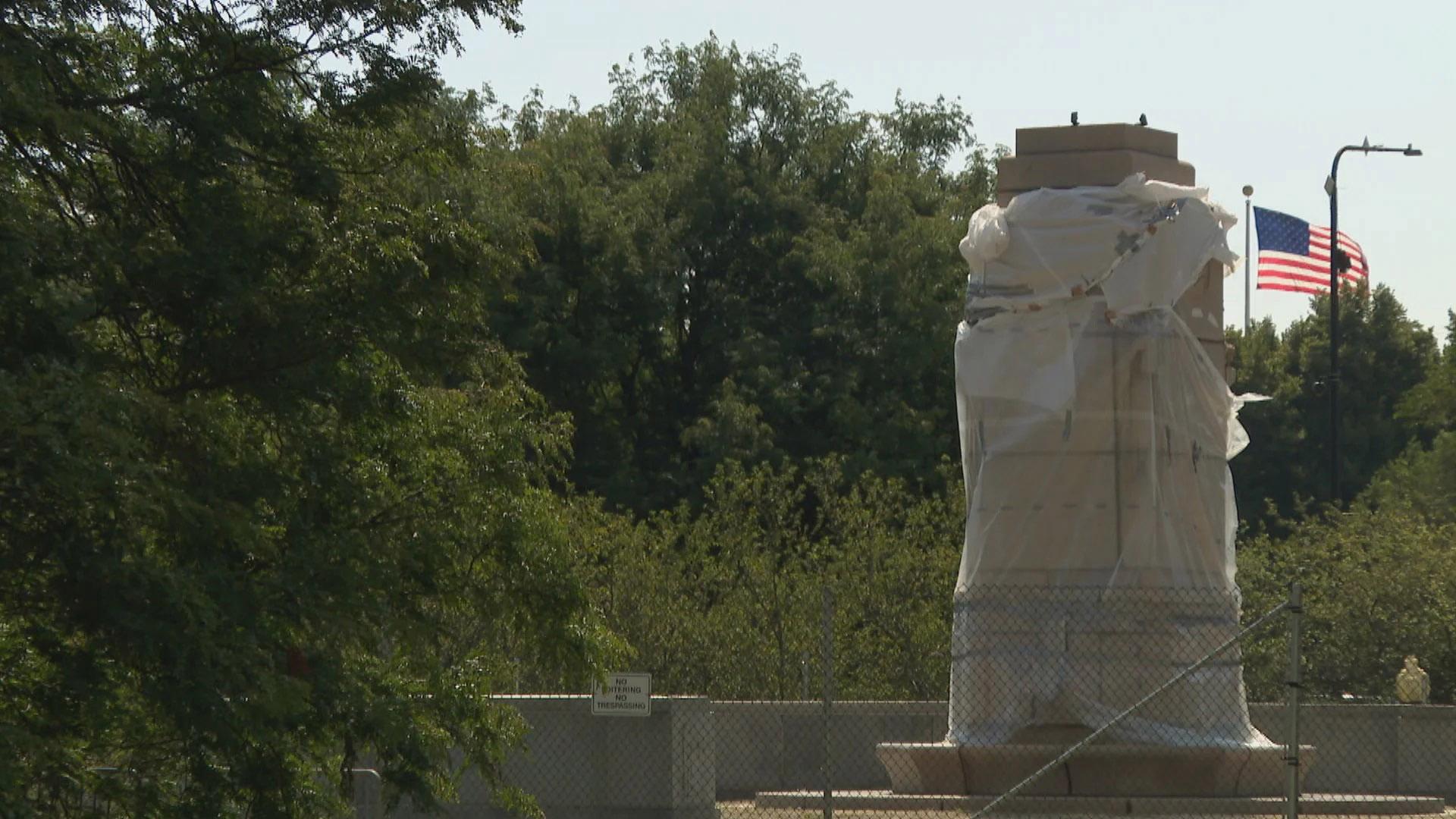 An empty pedestal in Grant Park in July 2020, where a statue of Christopher Columbus stood recently. (WTTW News)
