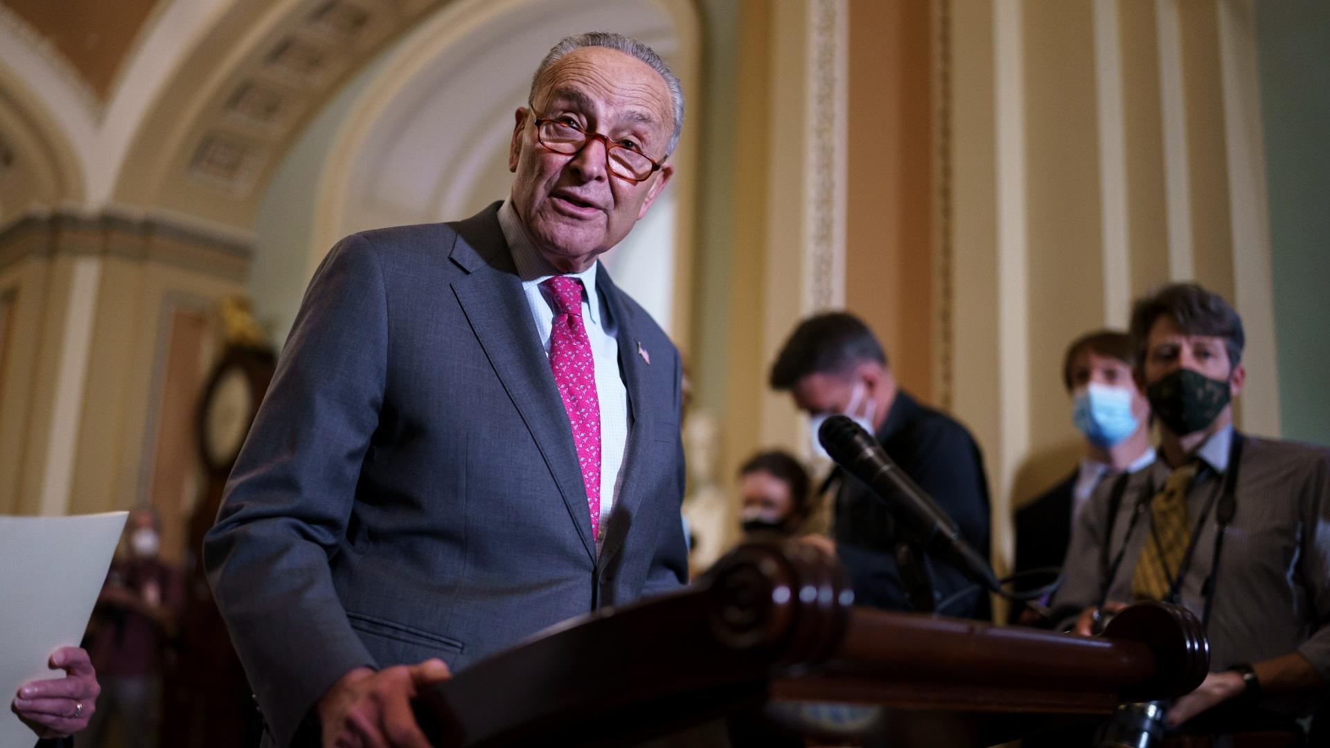 In this Aug. 3, 2021 photo, Senate Majority Leader Chuck Schumer, D-N.Y., speaks to reporters at the Capitol in Washington. (AP Photo / J. Scott Applewhite)