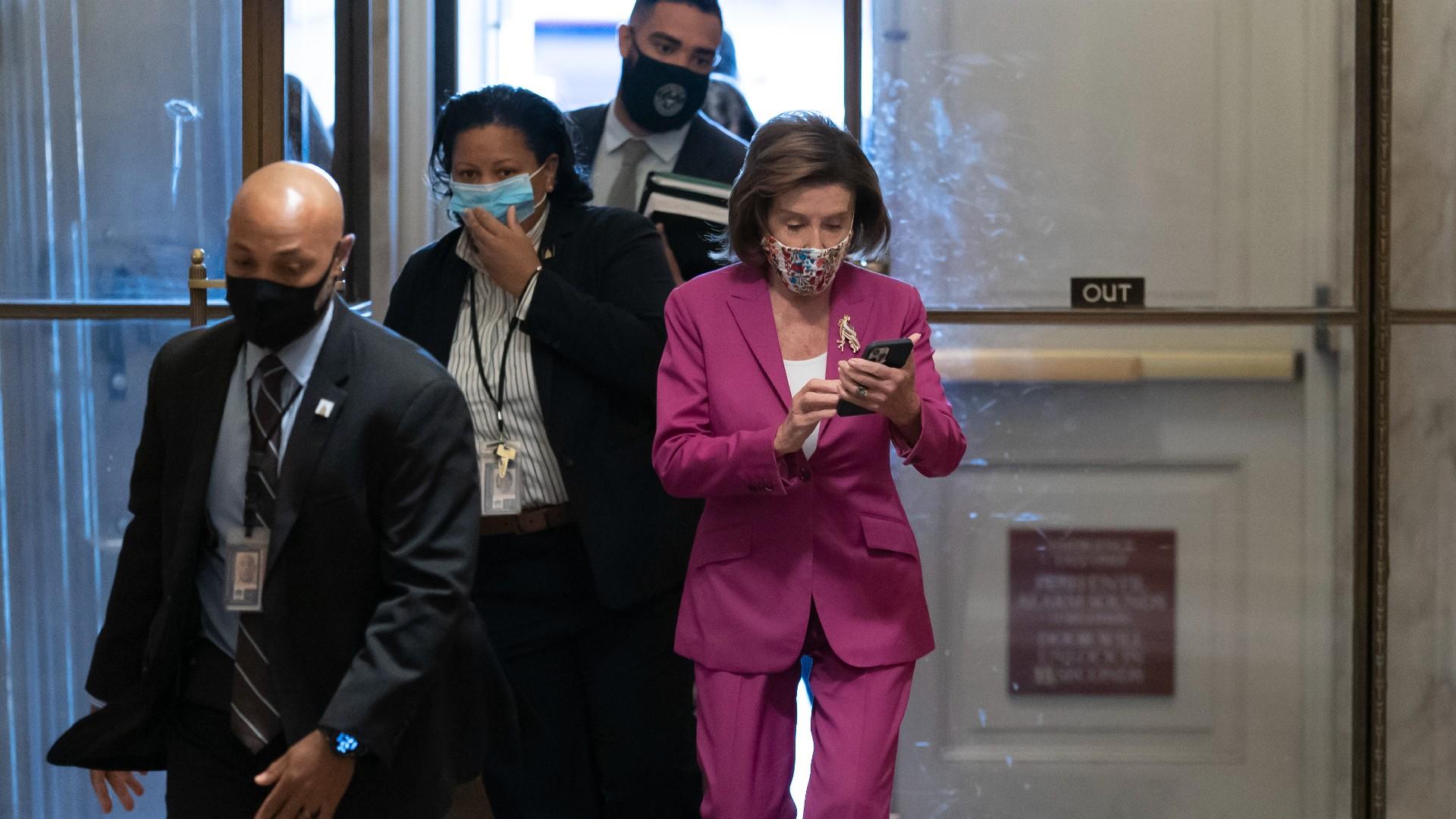 Speaker of the House Nancy Pelosi, D-Calif., arrives to lead Democrats in advancing President Joe Biden's .85 trillion-and-growing domestic policy package, at the Capitol in Washington, Friday, Nov. 5, 2021.   (AP Photo / J. Scott Applewhite)