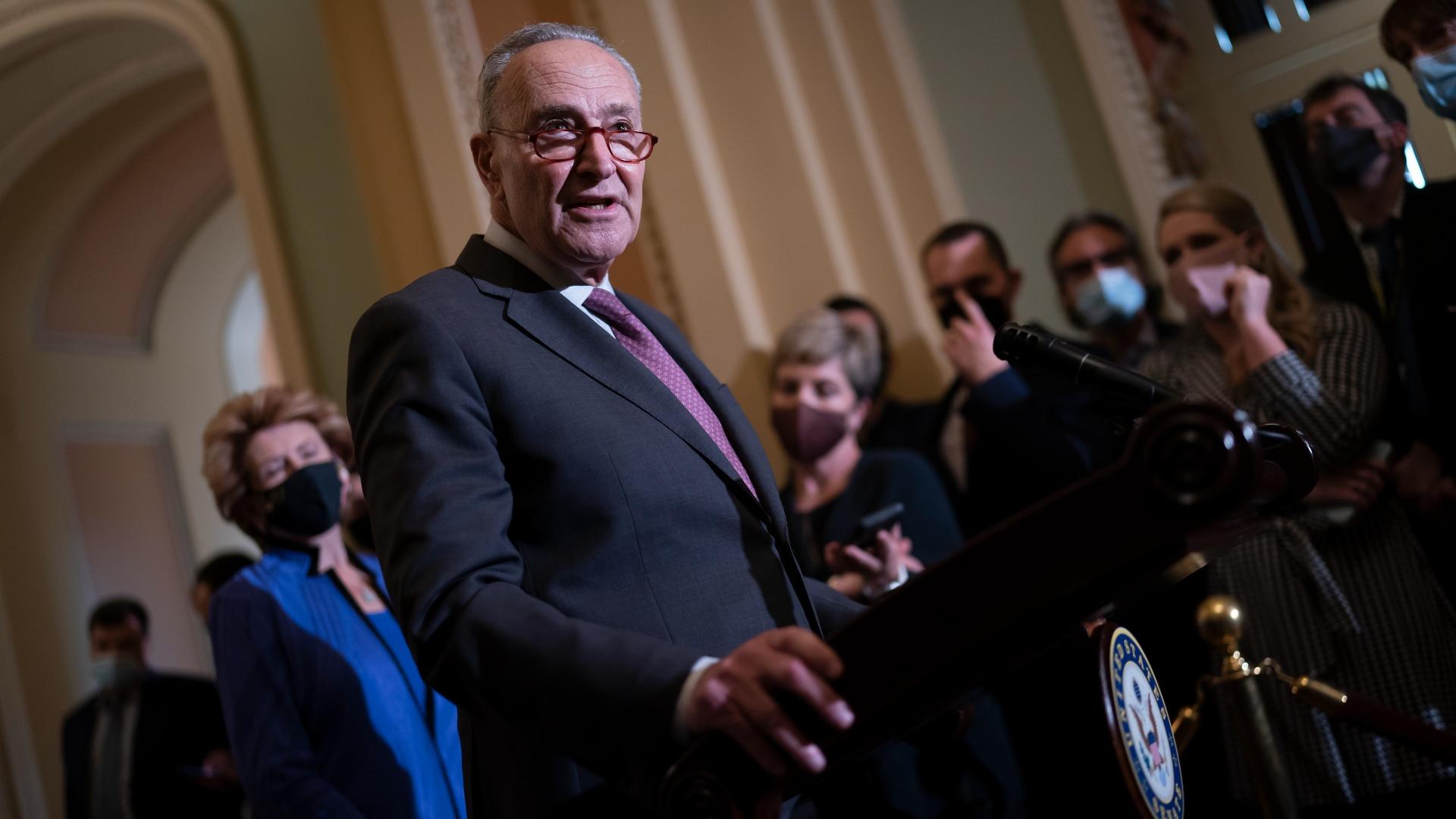 Senate Majority Leader Chuck Schumer, D-N.Y., speaks to reporters after a Democratic policy meeting at the Capitol in Washington, Tuesday, Dec. 14, 2021. (AP Photo / J. Scott Applewhite)