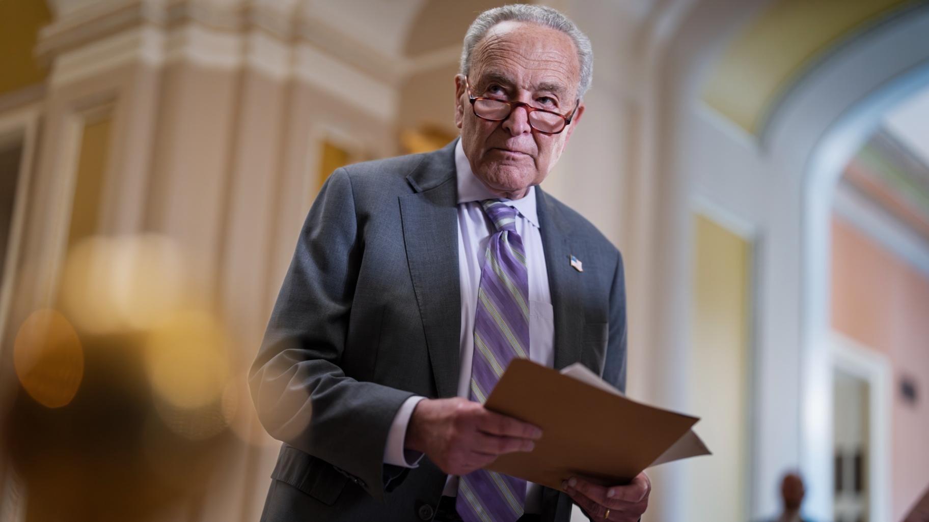 Senate Minority Leader Chuck Schumer, D-N.Y., looks over notes as Senate Republicans work to cancel $9.4 billion in previously approved spending targeted by DOGE, at the Capitol in Washington, Tuesday, July 15, 2025. (AP Photo / J. Scott Applewhite)