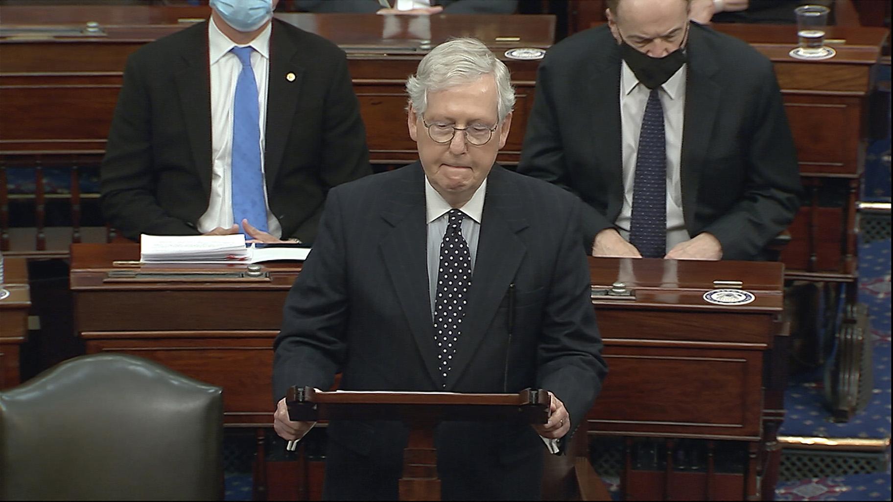 In this image from video, Senate Majority Leader Mitch McConnell of Ky., speaks as the Senate reconvenes after protesters stormed into the U.S. Capitol on Wednesday, Jan. 6, 2021. (Senate Television via AP)