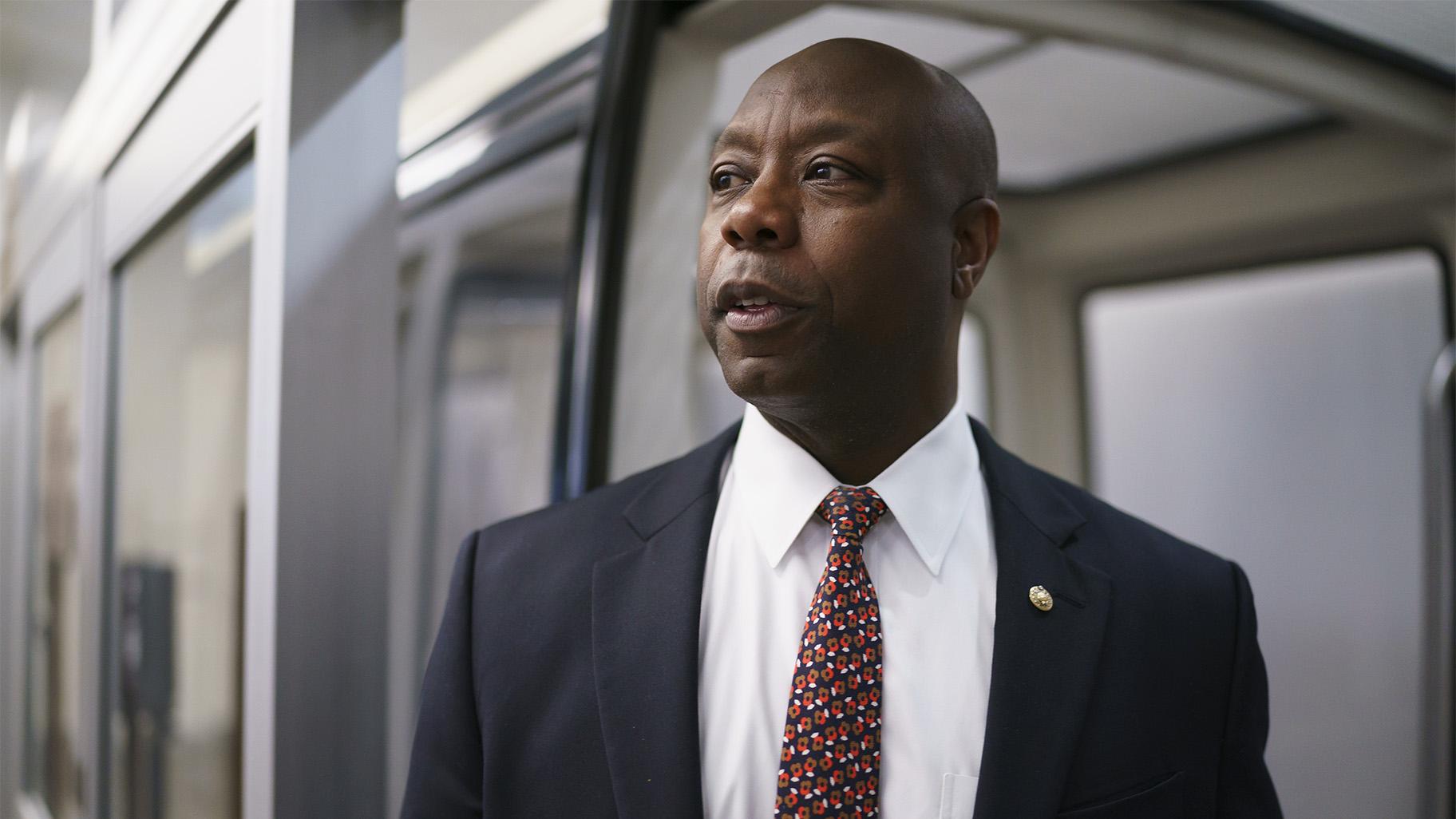 FILE - In this May 27, 2021, file photo Sen. Tim Scott, R-S.C., arrives as senators go to the chamber for votes ahead of the approaching Memorial Day recess, at the Capitol in Washington. (AP Photo / J. Scott Applewhite, File)