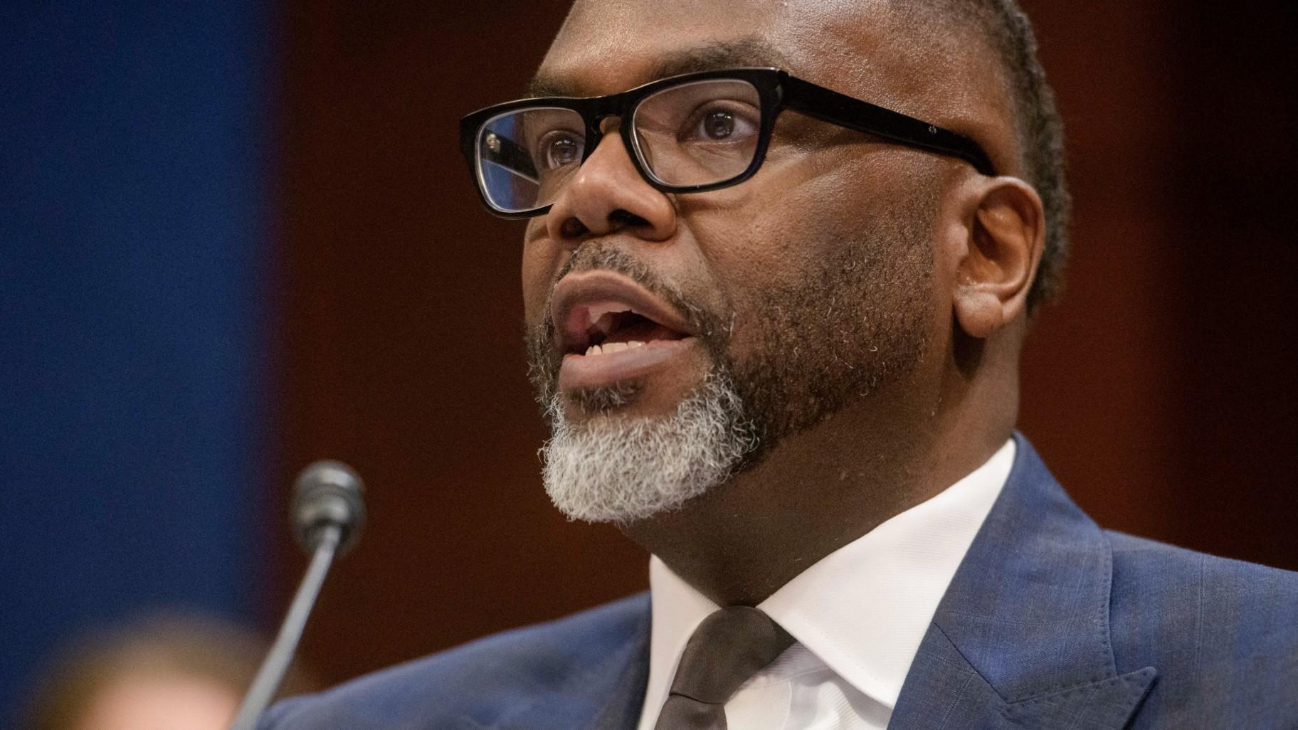 Chicago Mayor Brandon Johnson responds to questions during a House Committee on Oversight and Government Reform hearing with Sanctuary City Mayors on Capitol Hill, Wednesday, March 5, 2025, in Washington. (AP Photo/Rod Lamkey, Jr.)