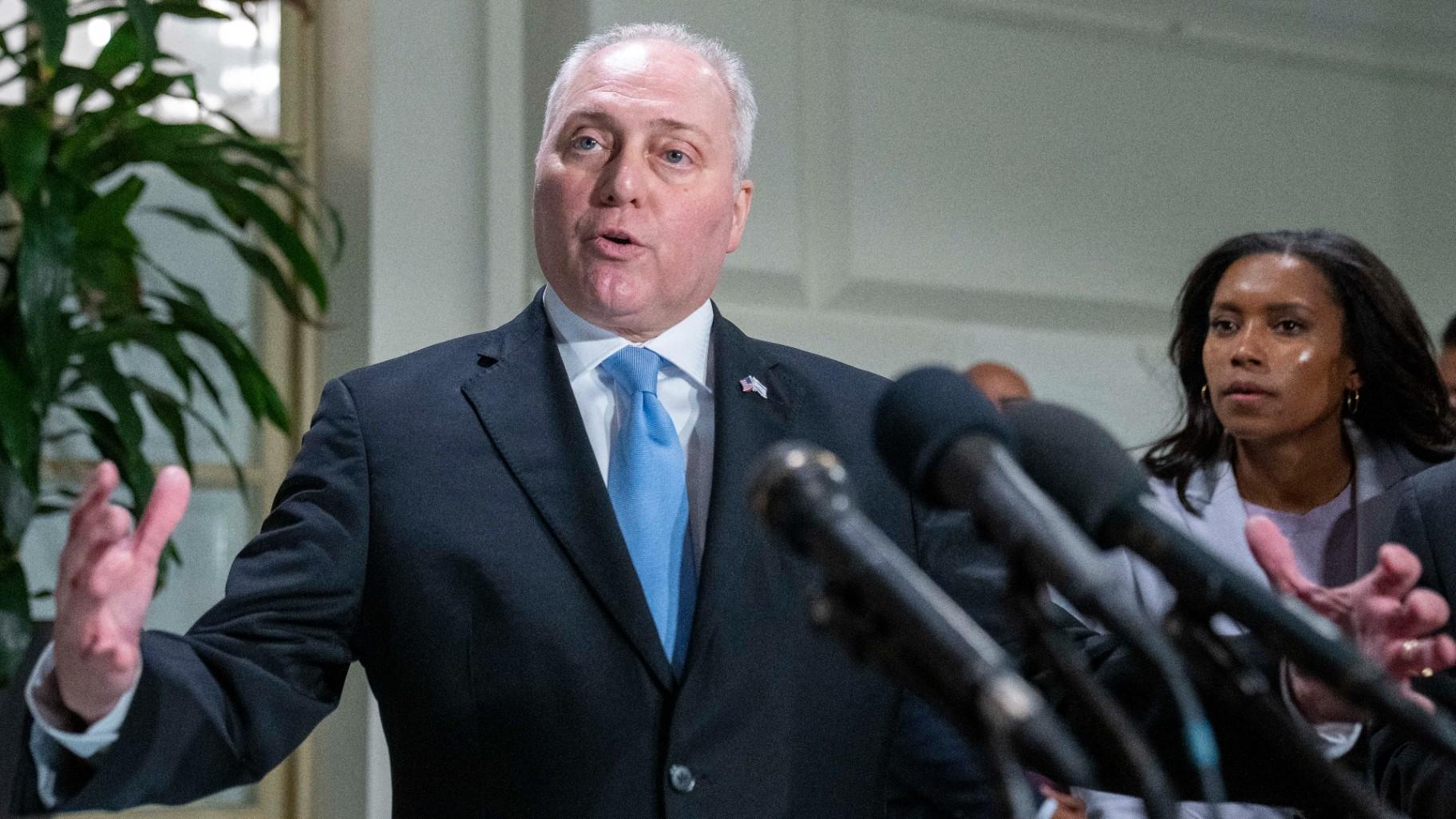 House Majority Leader Steve Scalise of La., speaks with reporters after departing a House Republican caucus meeting on Capitol Hill, Thursday, Oct. 12, 2023, in Washington. (Alex Brandon / AP Photo)