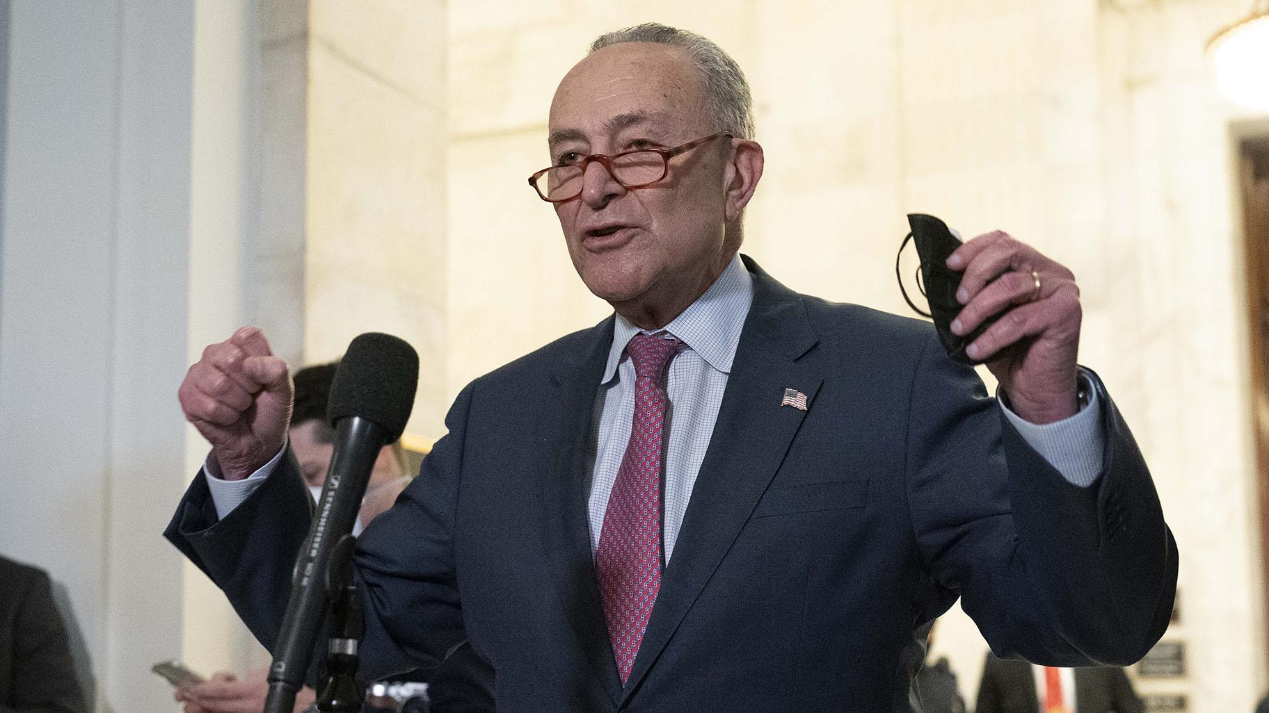 Senate Majority Leader Chuck Schumer, D-NY, speaks to the media after Senate Democrats met privately with President Joe Biden, Jan. 13, 2022, on Capitol Hill in Washington. ( AP Photo / Jose Luis Magana, File)