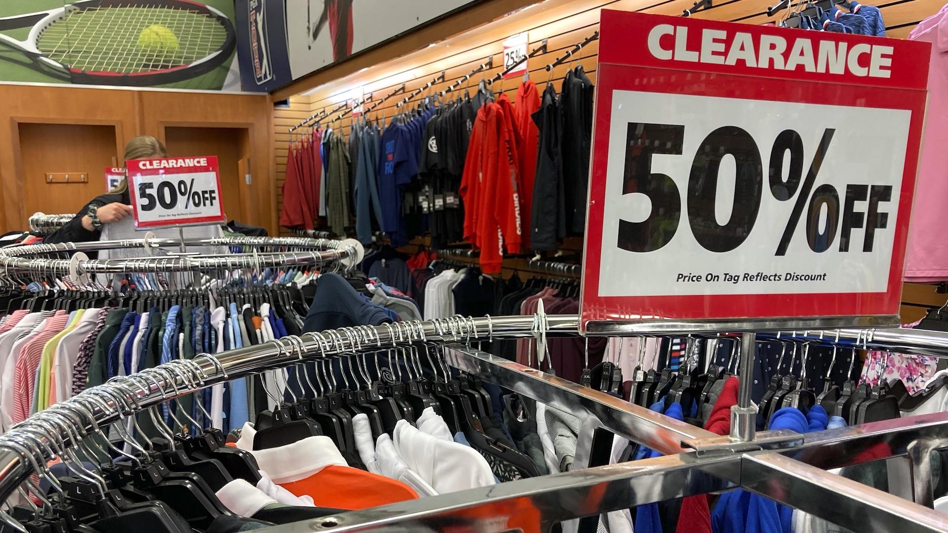 Clearance sale signs are displayed at a retail store in Downers Grove, Ill., Wednesday, April 26, 2023. On Wednesday, the Labor Department reports on U.S. consumer prices for April. (AP Photo/Nam Y. Huh)