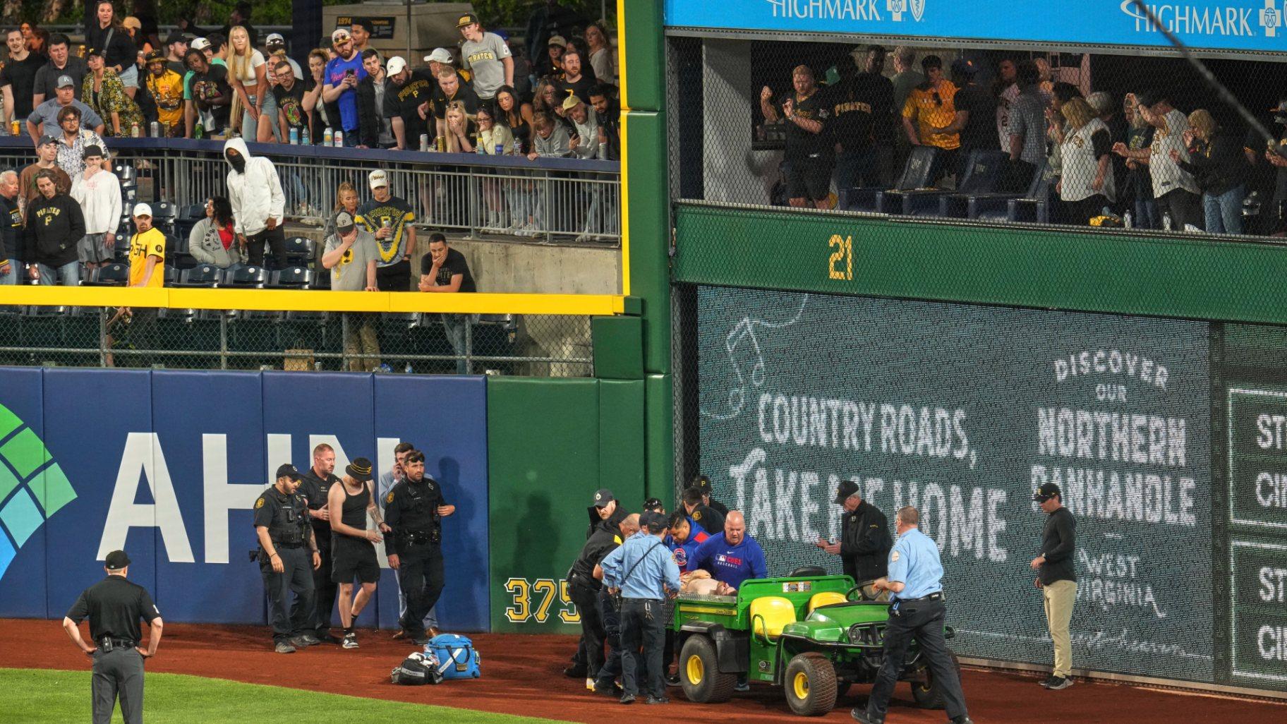 A fan is carted off the field at PNC Park after falling out of the stands during the seventh inning of a baseball game between the Pittsburgh Pirates and the Chicago Cubs in Pittsburgh, Wednesday, April 30, 2025. (AP Photo / Gene J. Puskar) A fan is carted off the field at PNC Park after falling out of the stands during the seventh inning of a baseball game between the Pittsburgh Pirates and the Chicago Cubs in Pittsburgh, Wednesday, April 30, 2025. (AP Photo / Gene J. Puskar)