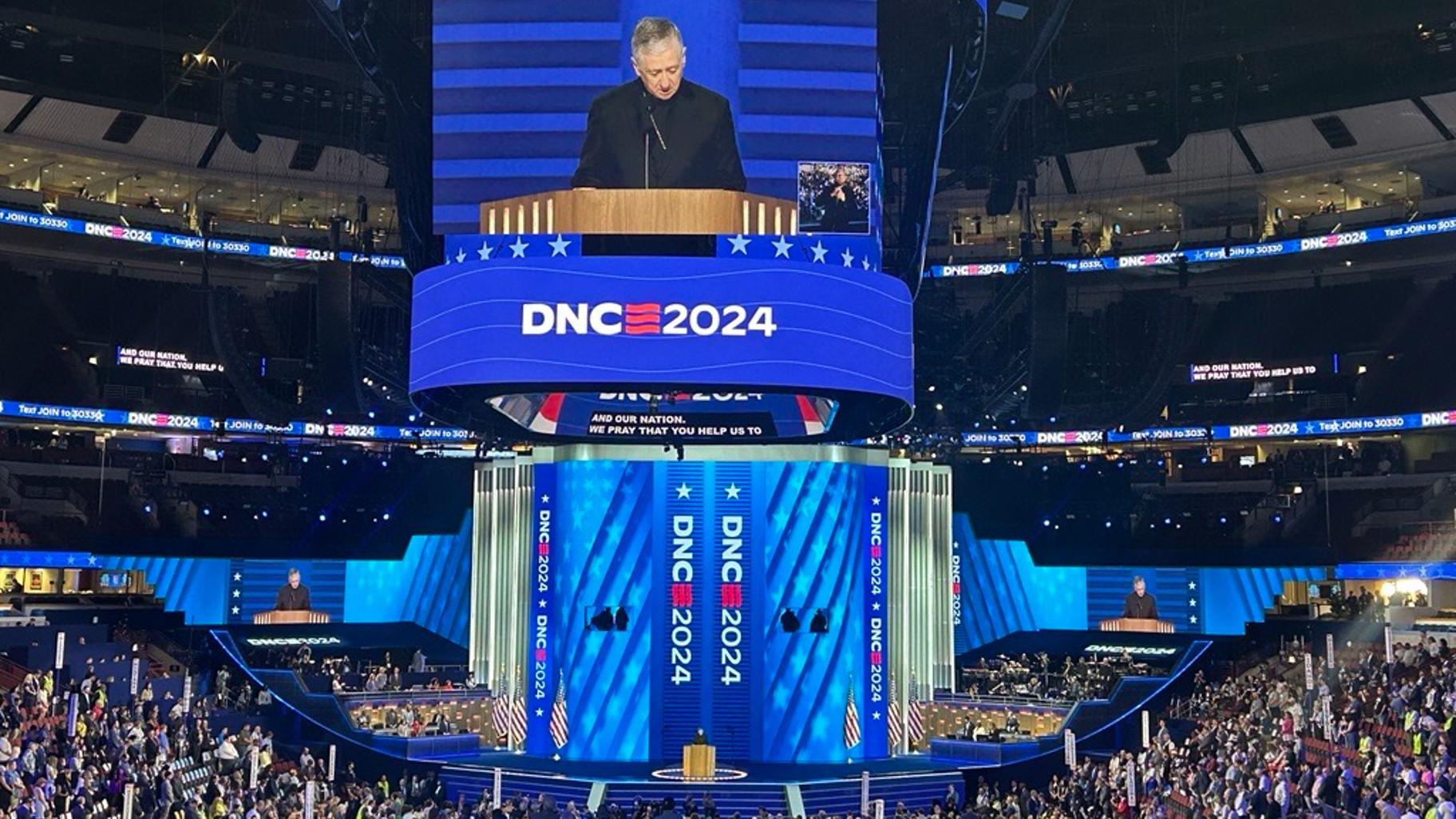 Cardinal Blase Cupich opens the Democratic National Convention with a prayer on Aug. 19, 2024. (Blair Paddock / WTTW News) 