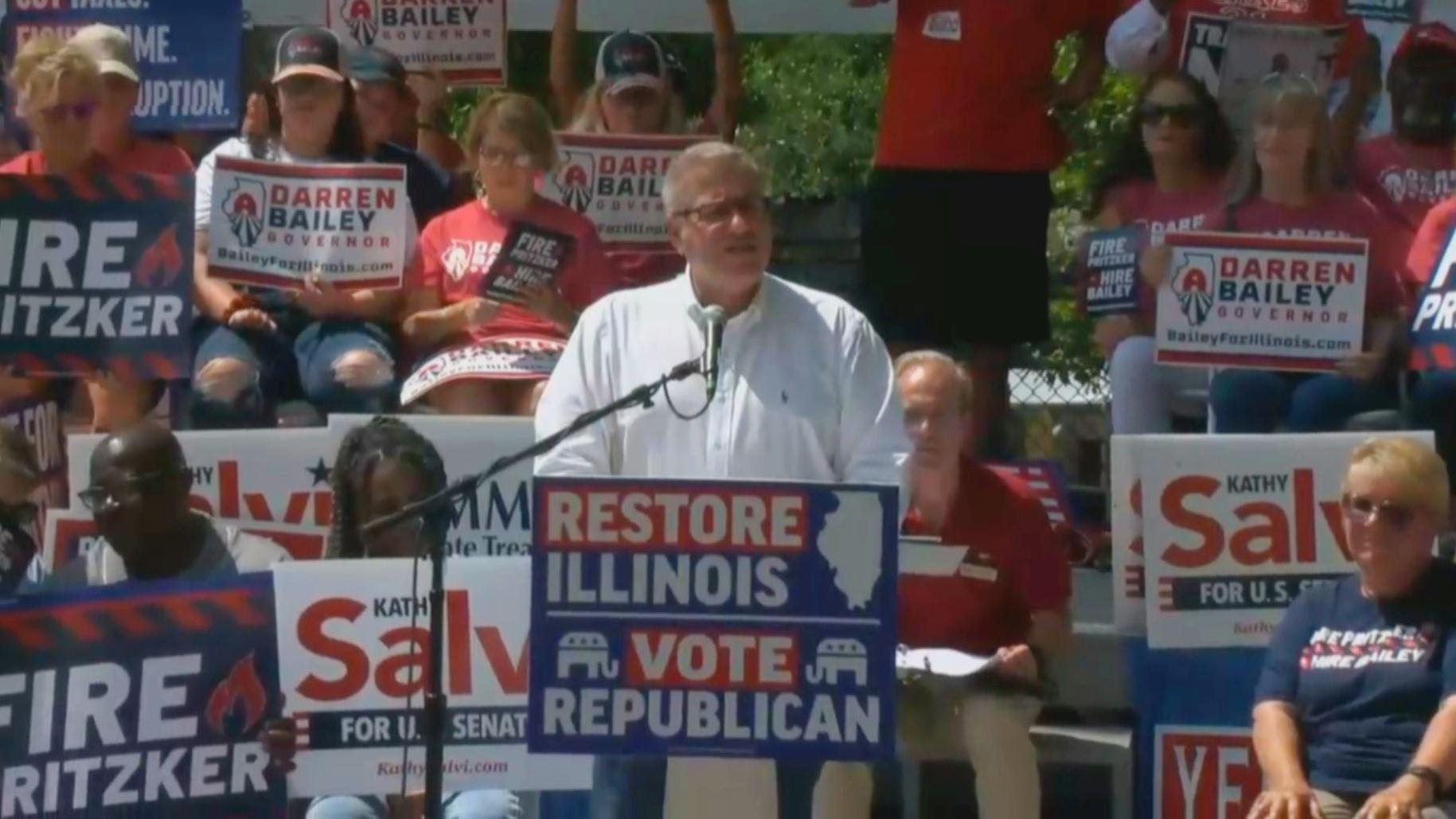 State Sen. Darren Baily, the GOP nominee for governor, speaks at the Illinois State Fair on Aug. 18, 2022. (WTTW News)