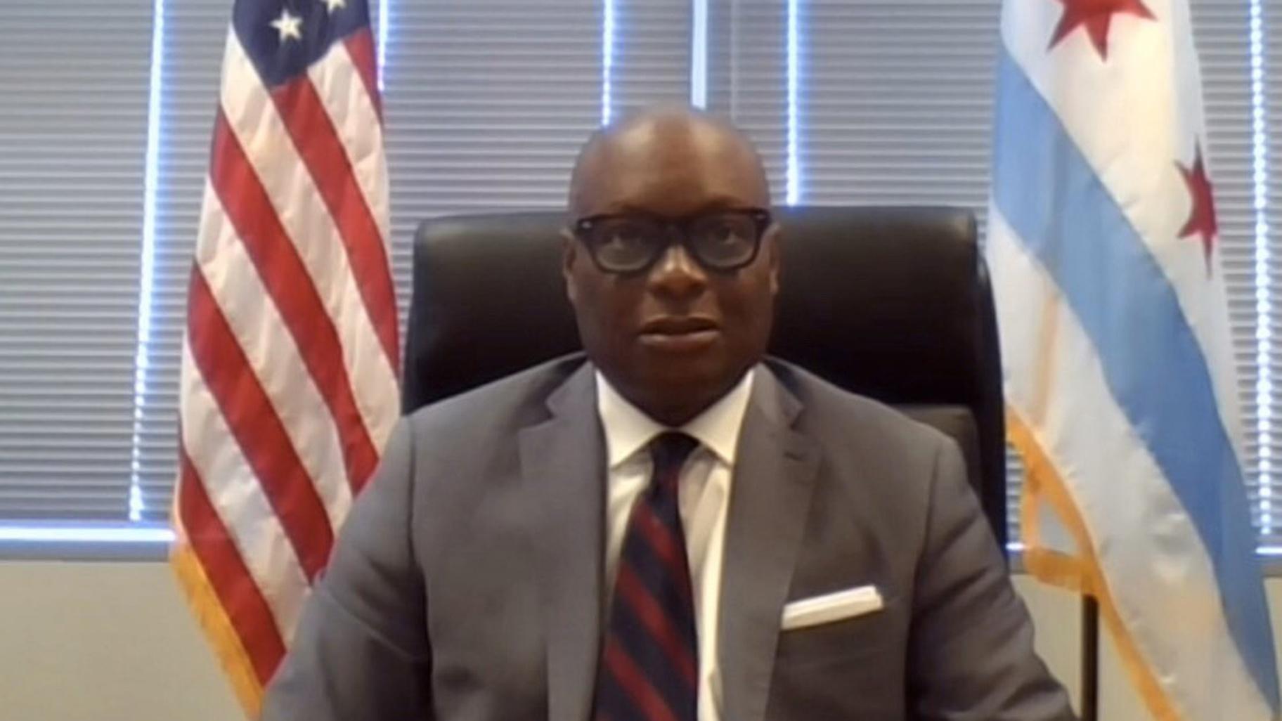 Acting Chicago Police Superintendent David Brown attends a virtual Chicago City Council committee meeting on Monday, April 20, 2020. (WTTW News via City of Chicago)