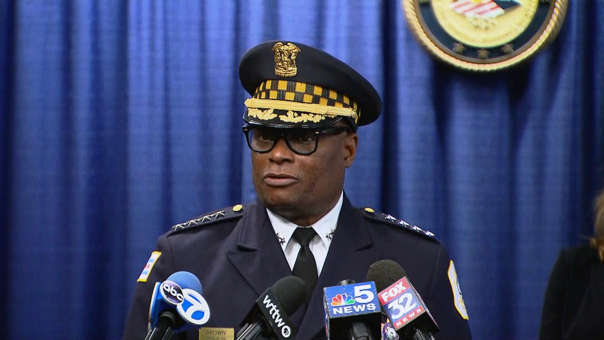 Police Superintendent David Brown speaks at a news conference Thursday, July 8, 2021 about a shooting that injured three law enforcement officers the previous morning. (WTTW News)