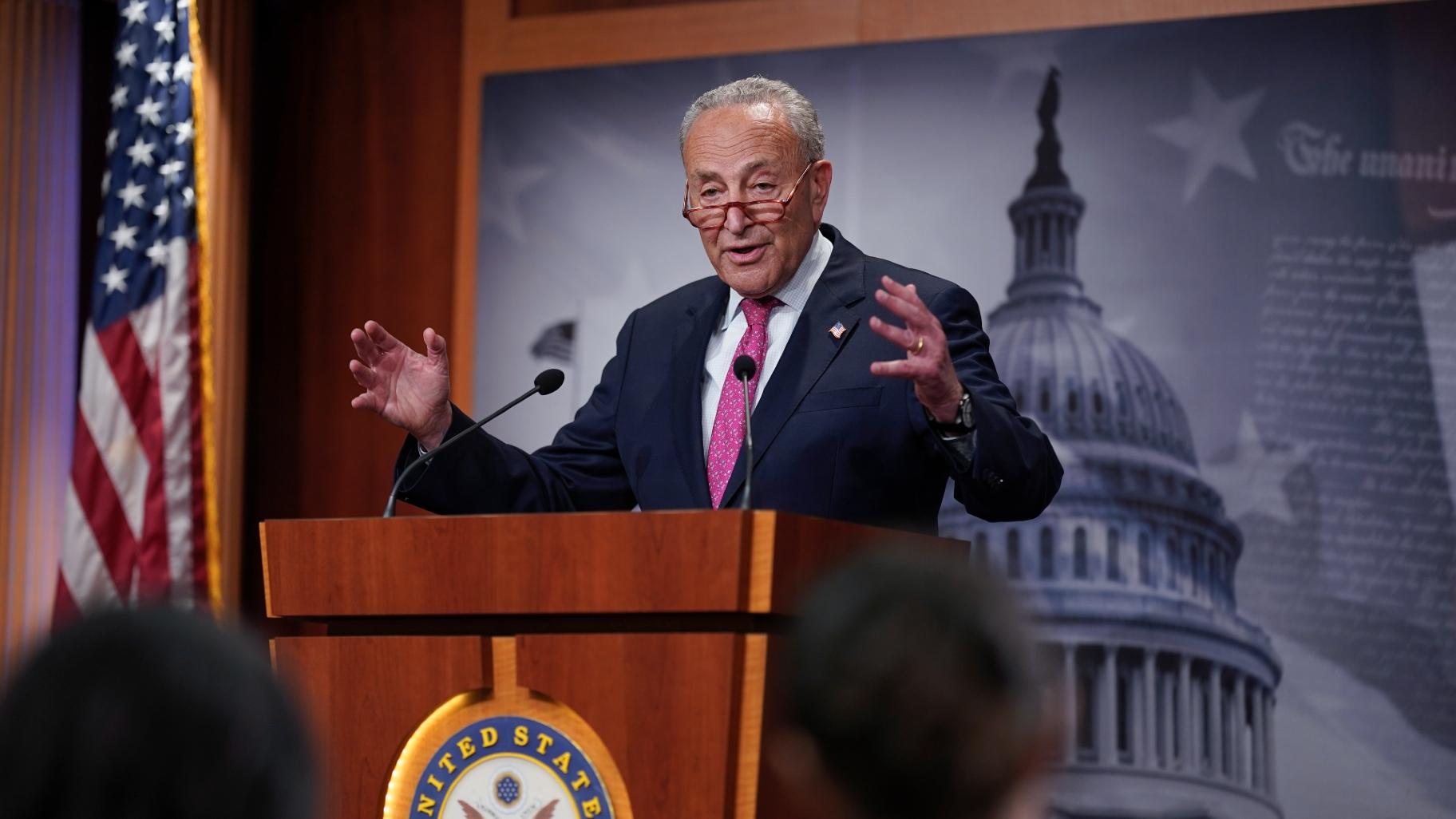 Senate Majority Leader Chuck Schumer, D-N.Y., speaks to reporters after a hectic series of amendment votes and final passage on the big debt ceiling and budget cuts package, at the Capitol in Washington, Thursday, June 1, 2023. (AP Photo / J. Scott Applewhite)
