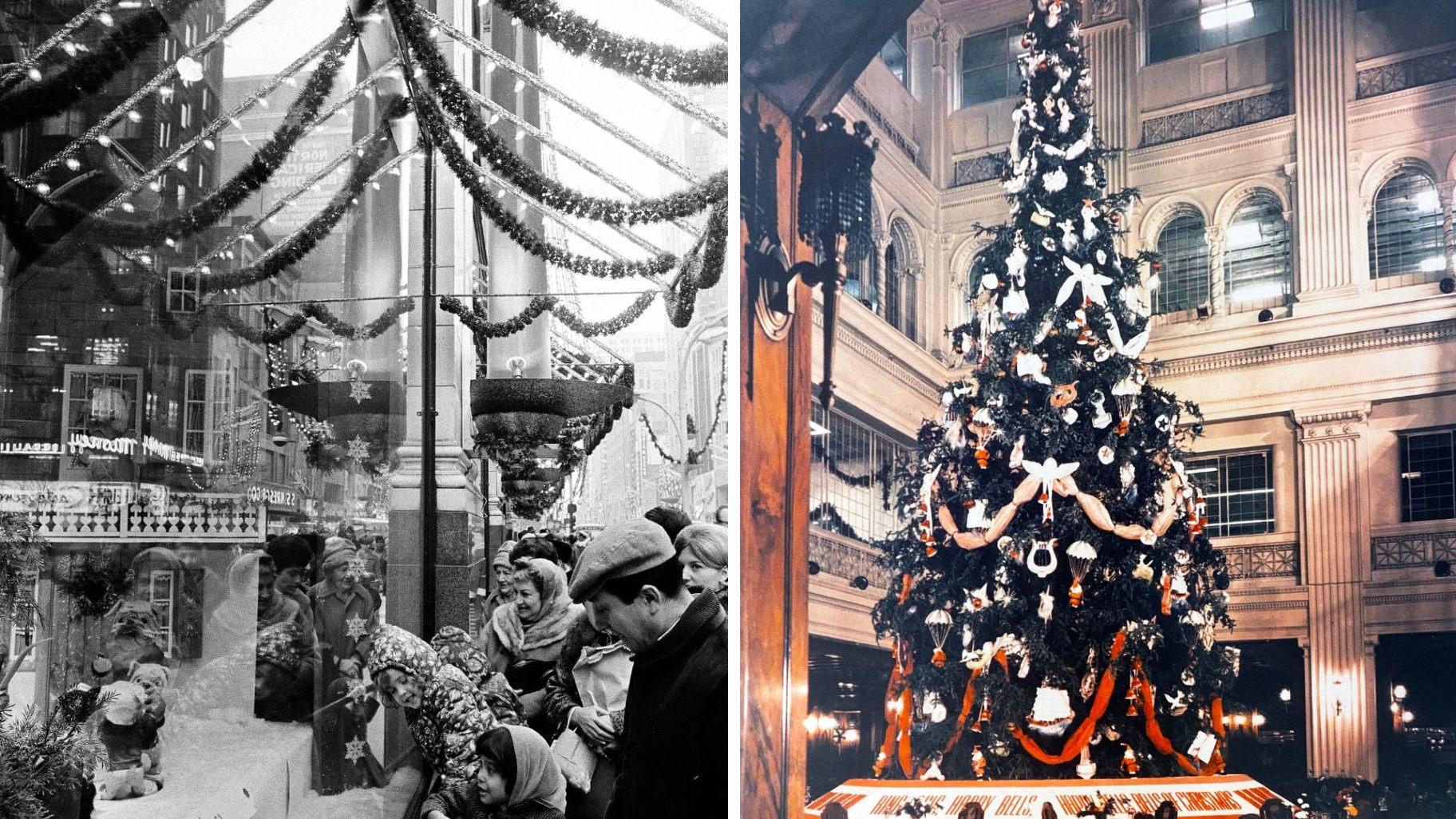 Left: Goldblatt’s, Chicago. Christmas Windows. (Courtesy of Chicago History Museum). Right: Walnut Room Christmas Tree at Marshall Field & Co., 1945. (Courtesy of Marshall Field & Co. archive, Macy’s, Chicago).