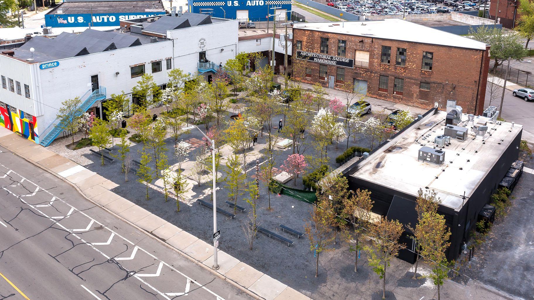 Transformation of a parking lot in Detroit demonstrates what depaving can do. (Courtesy Prince Concepts and The Cultural Landscape Foundation)