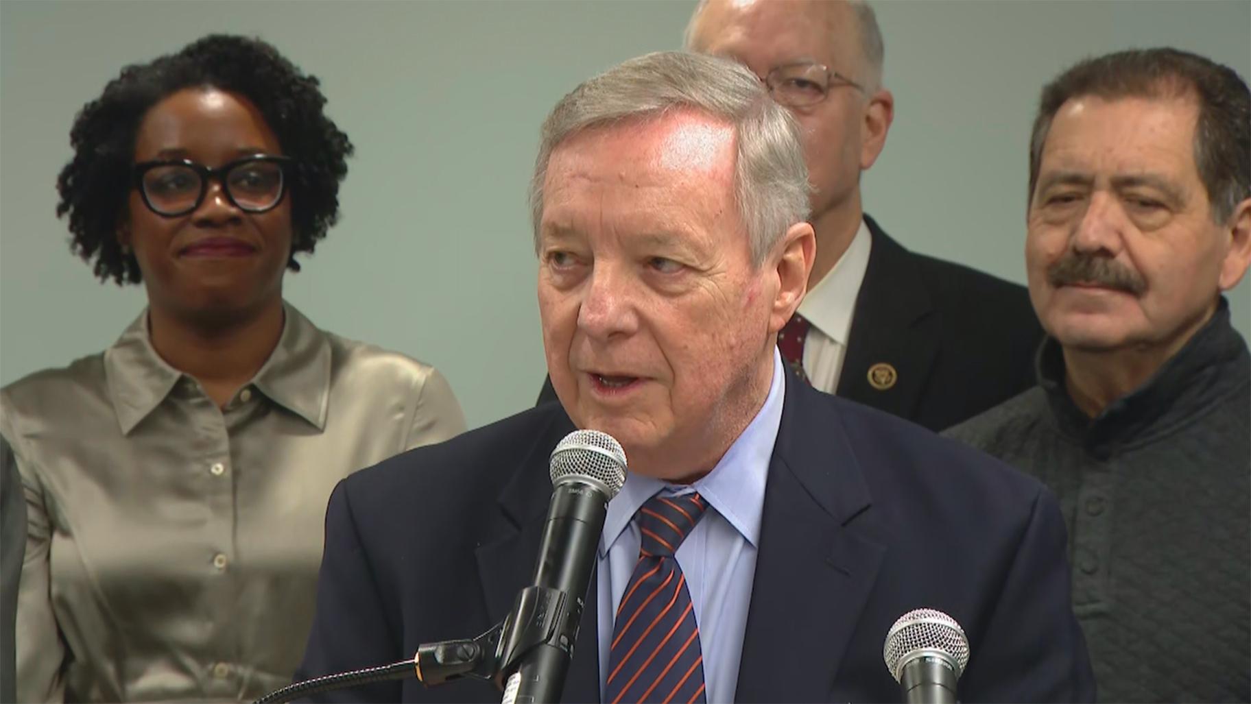 U.S. Sen. Dick Durbin speaks in Chicago on Monday, Feb. 17, 2025. (WTTW News)