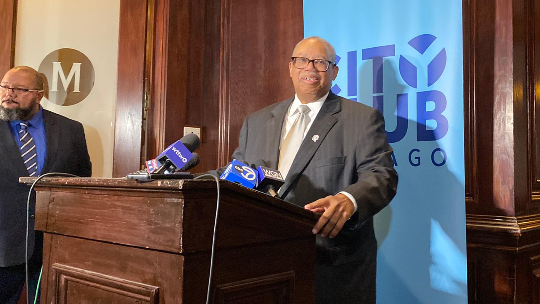 CTA President Dorval Carter speaks with reporters after addressing the City of Club of Chicago on Thursday, September 19, 2024. (Nick Blumberg / WTTW News)